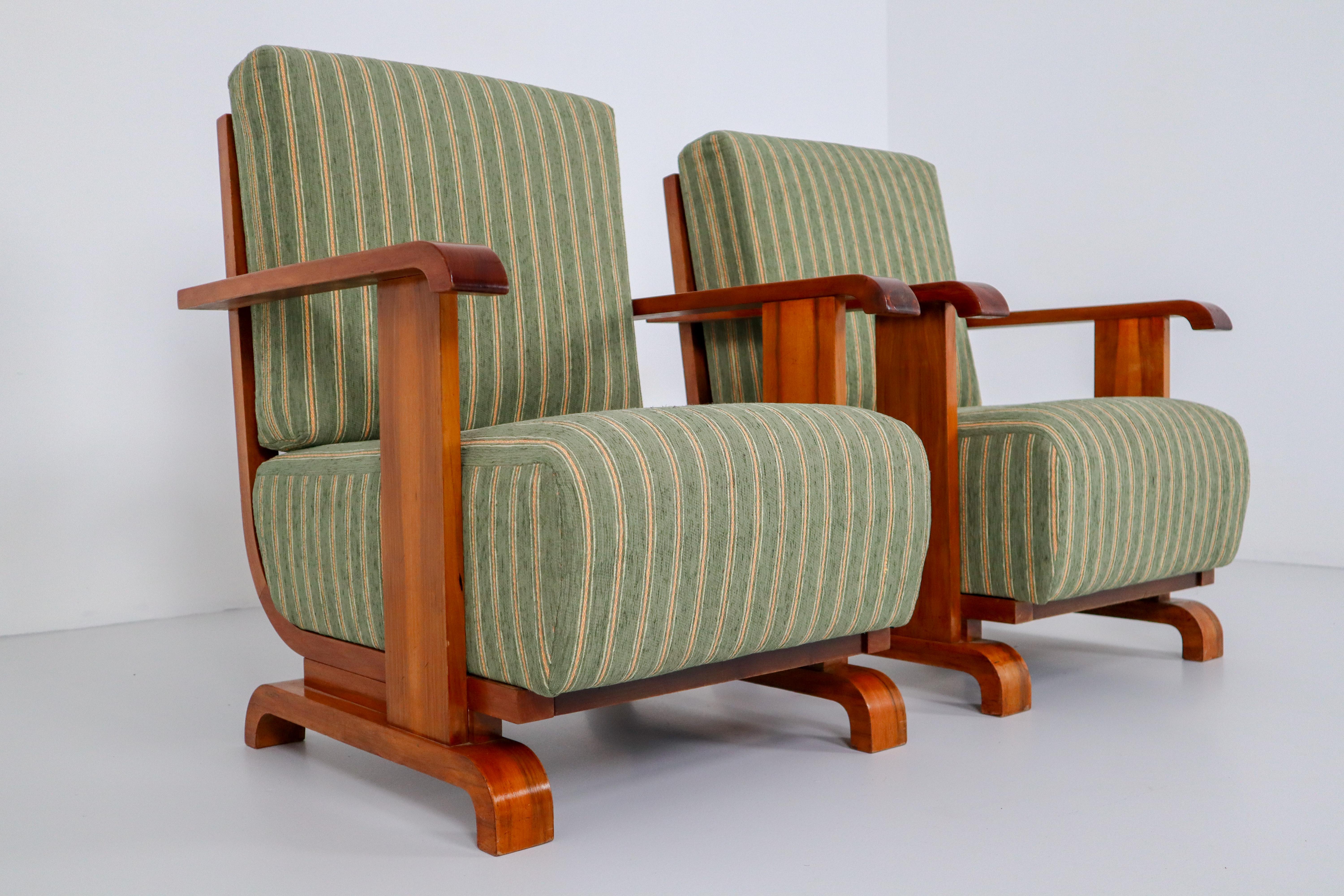 Art Deco Austrian Armchairs from Vienna in Walnut and Olive Green Velvet Blend 5