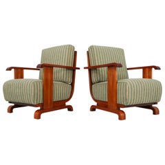 Art Deco Austrian Armchairs from Vienna in Walnut and Olive Green Velvet Blend