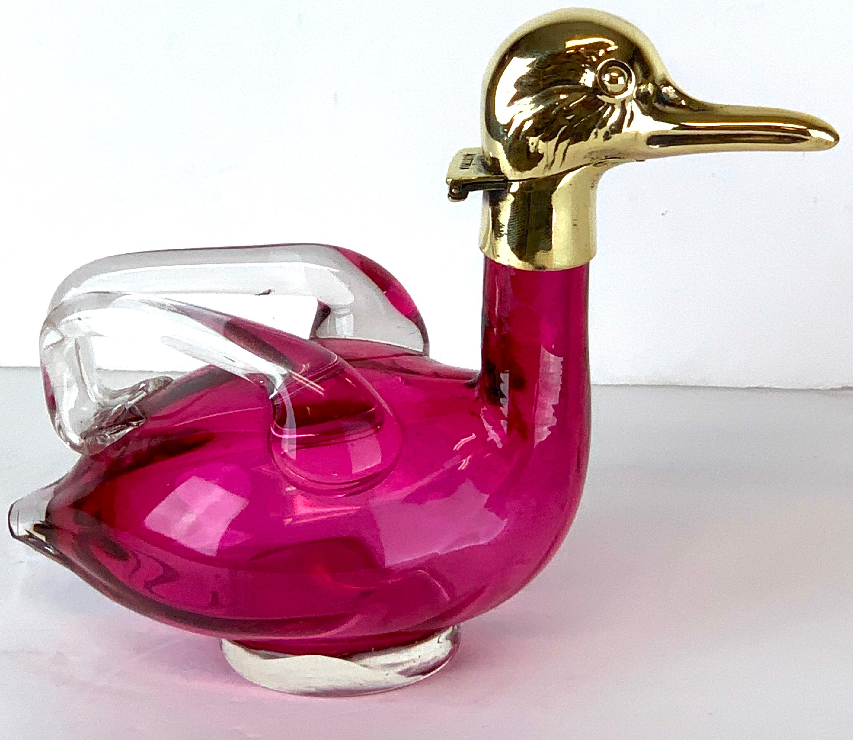 Art Deco Austrian brass & cranberry crystal duck decanter, whimsical, realistically modeled. Stamped Austria, circa 1925. Professionally polished and cleaned, Ready to place, no flaws observed.