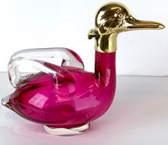 Art Deco Austrian Brass & Cranberry Crystal Duck Decanter