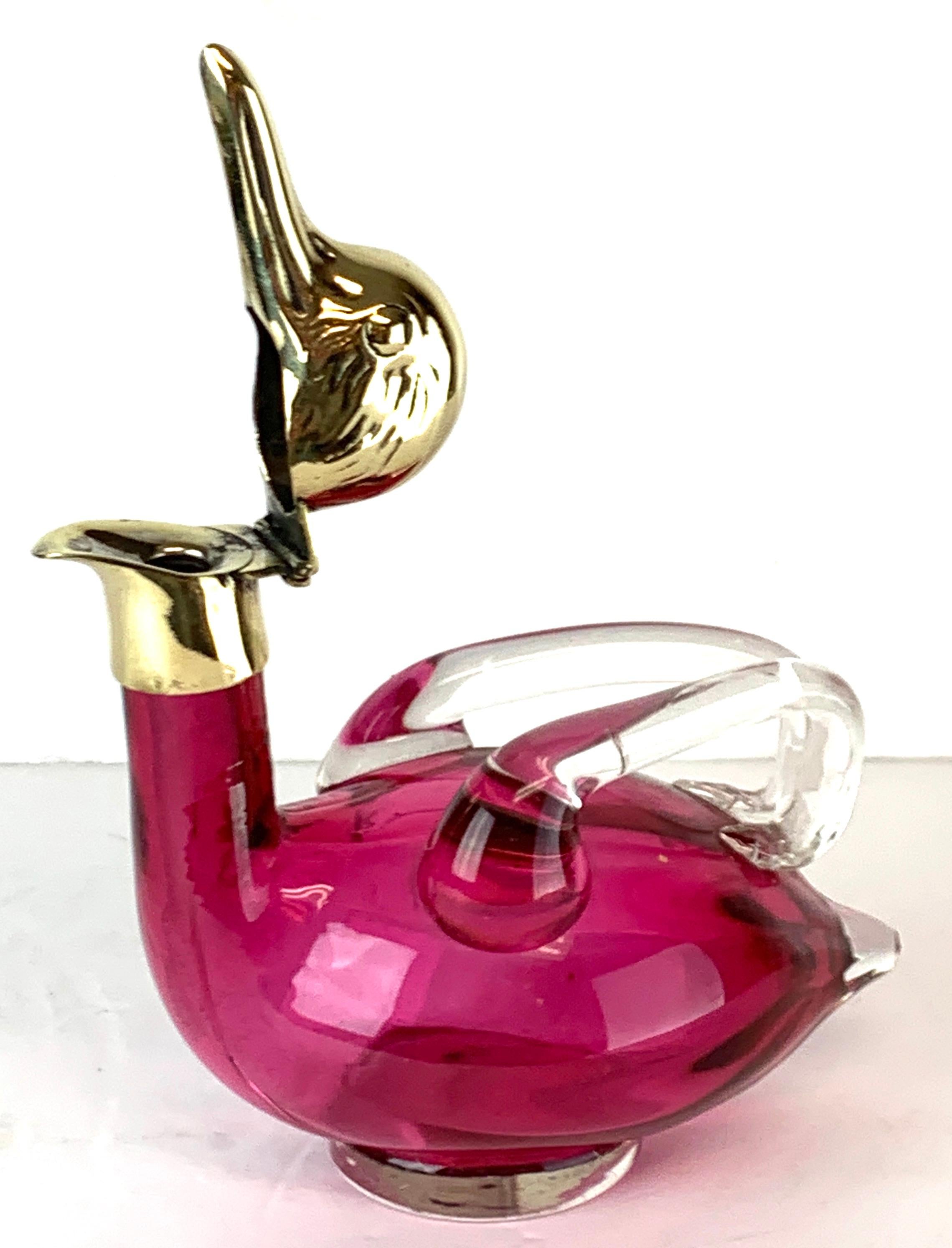 Polished Art Deco Austrian Brass & Cranberry Crystal Duck Decanter