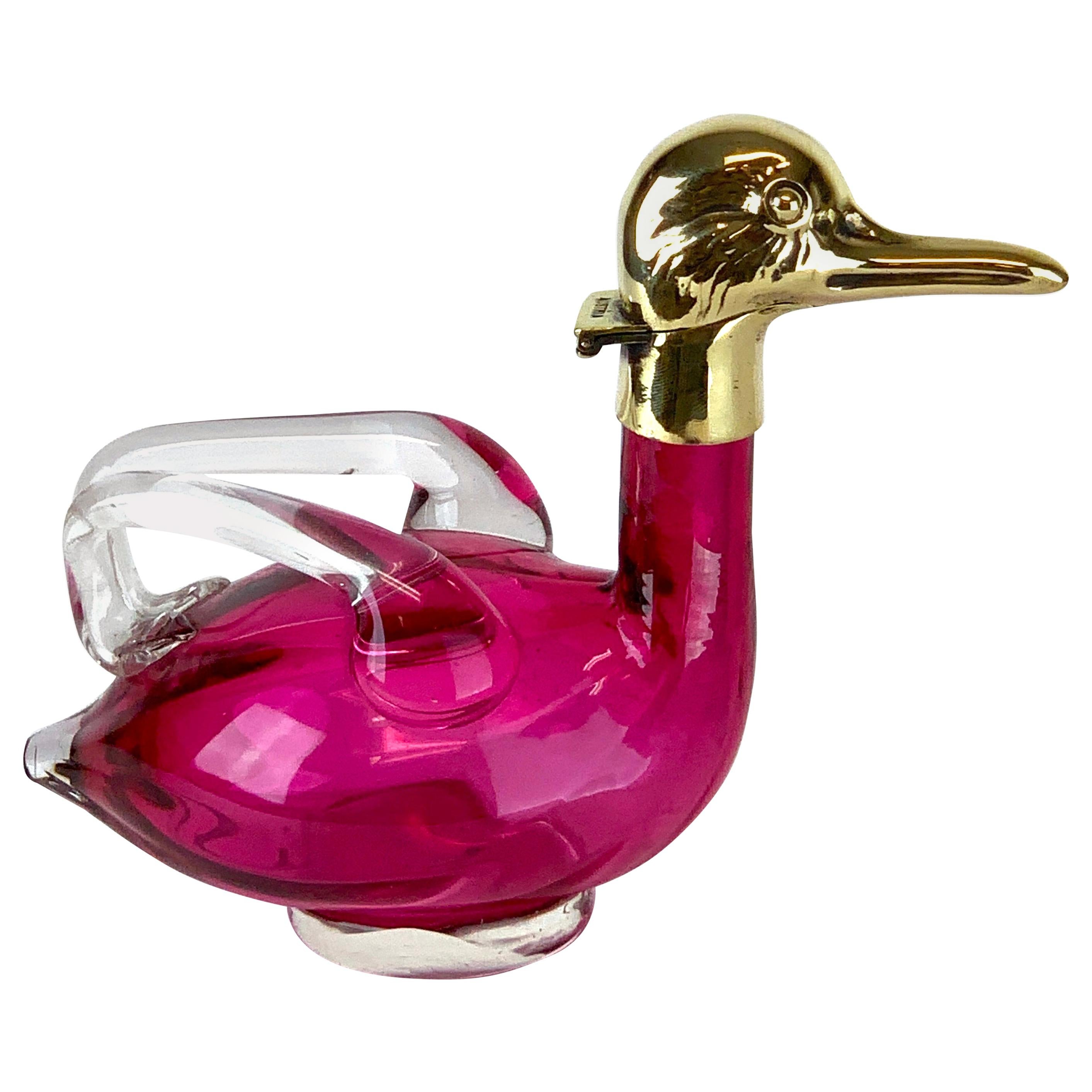 Art Deco Austrian Brass & Cranberry Crystal Duck Decanter