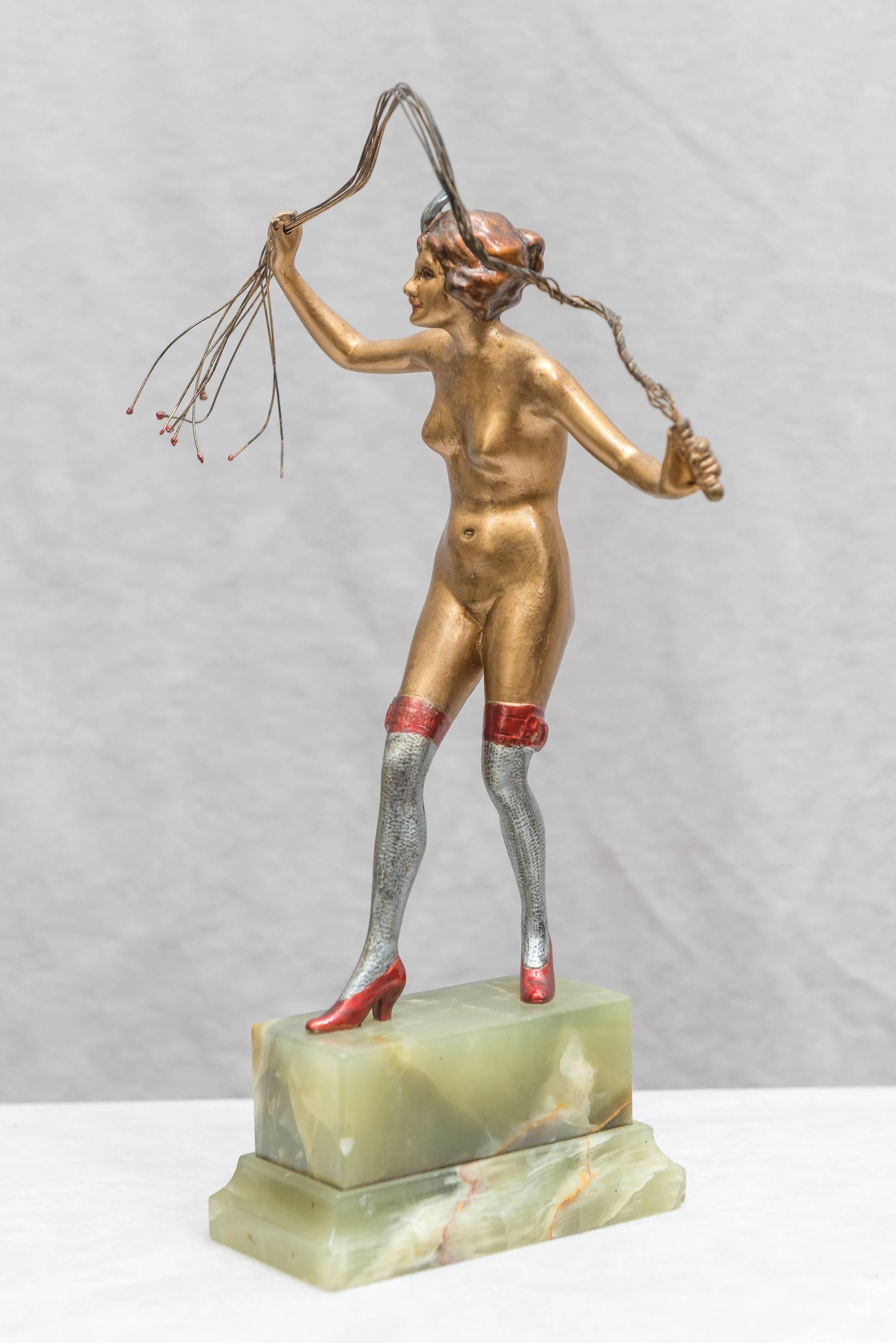 Cold-Painted Art Deco Austrian Bronze Figure of a Nude Woman with Cat O' Nine Tails Whip