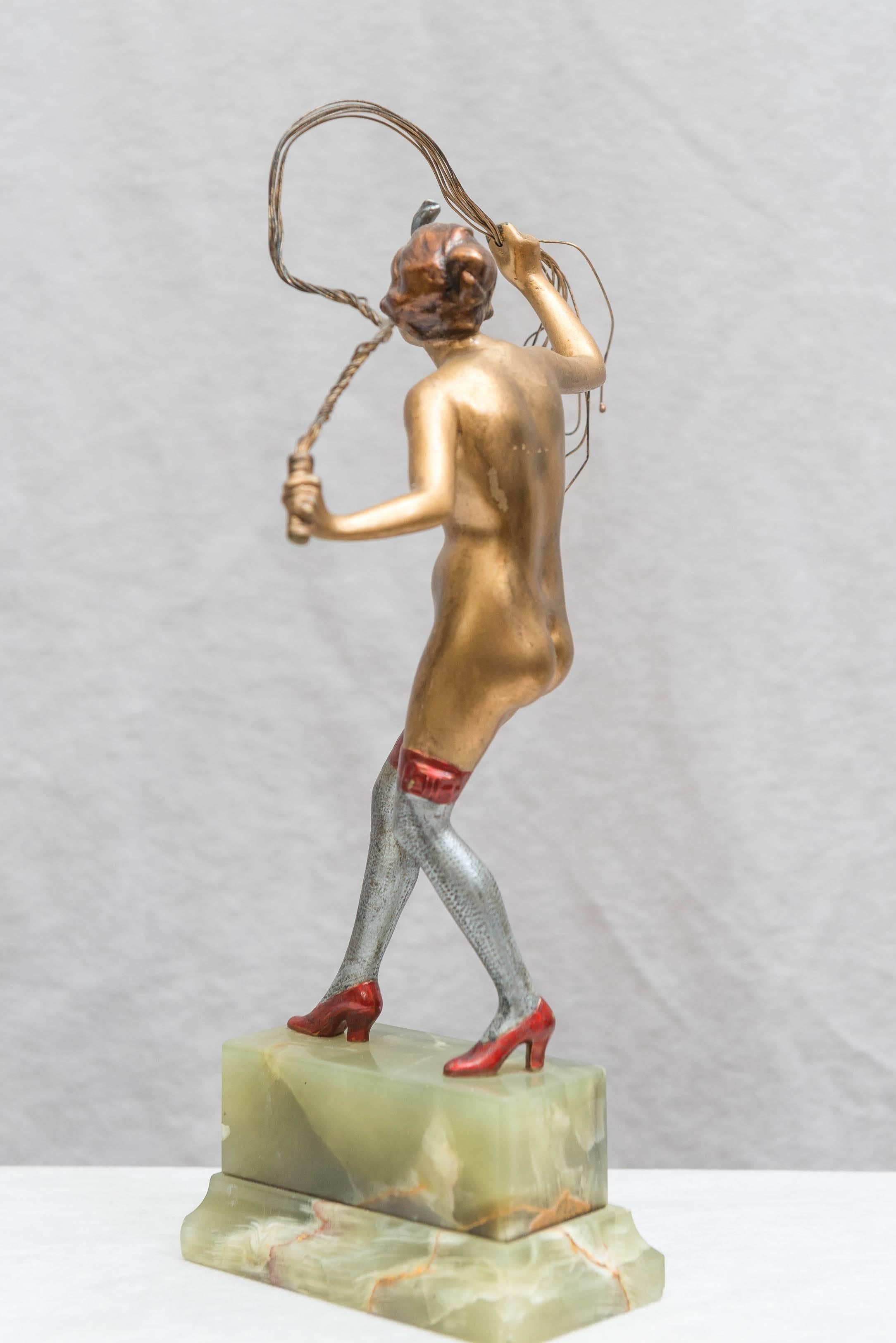 Art Deco Austrian Bronze Figure of a Nude Woman with Cat O' Nine Tails Whip In Excellent Condition In Petaluma, CA