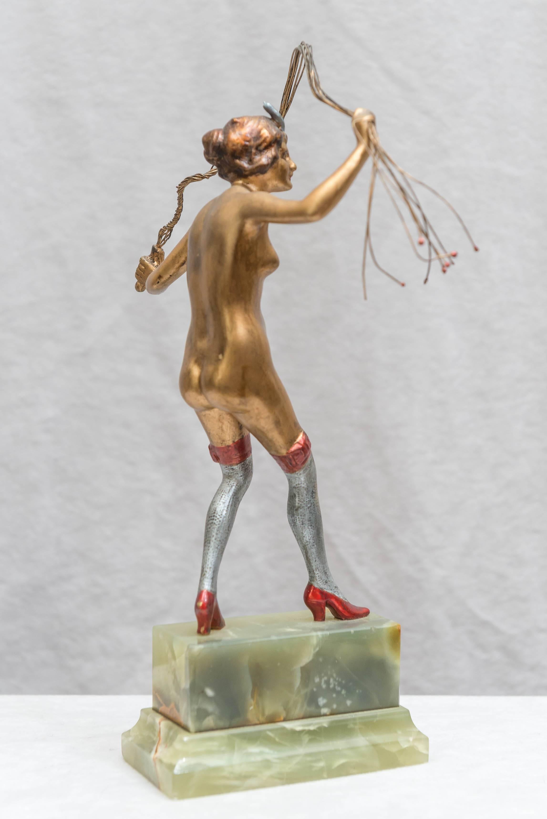 Art Deco Austrian Bronze Figure of a Nude Woman with Cat O' Nine Tails Whip 1