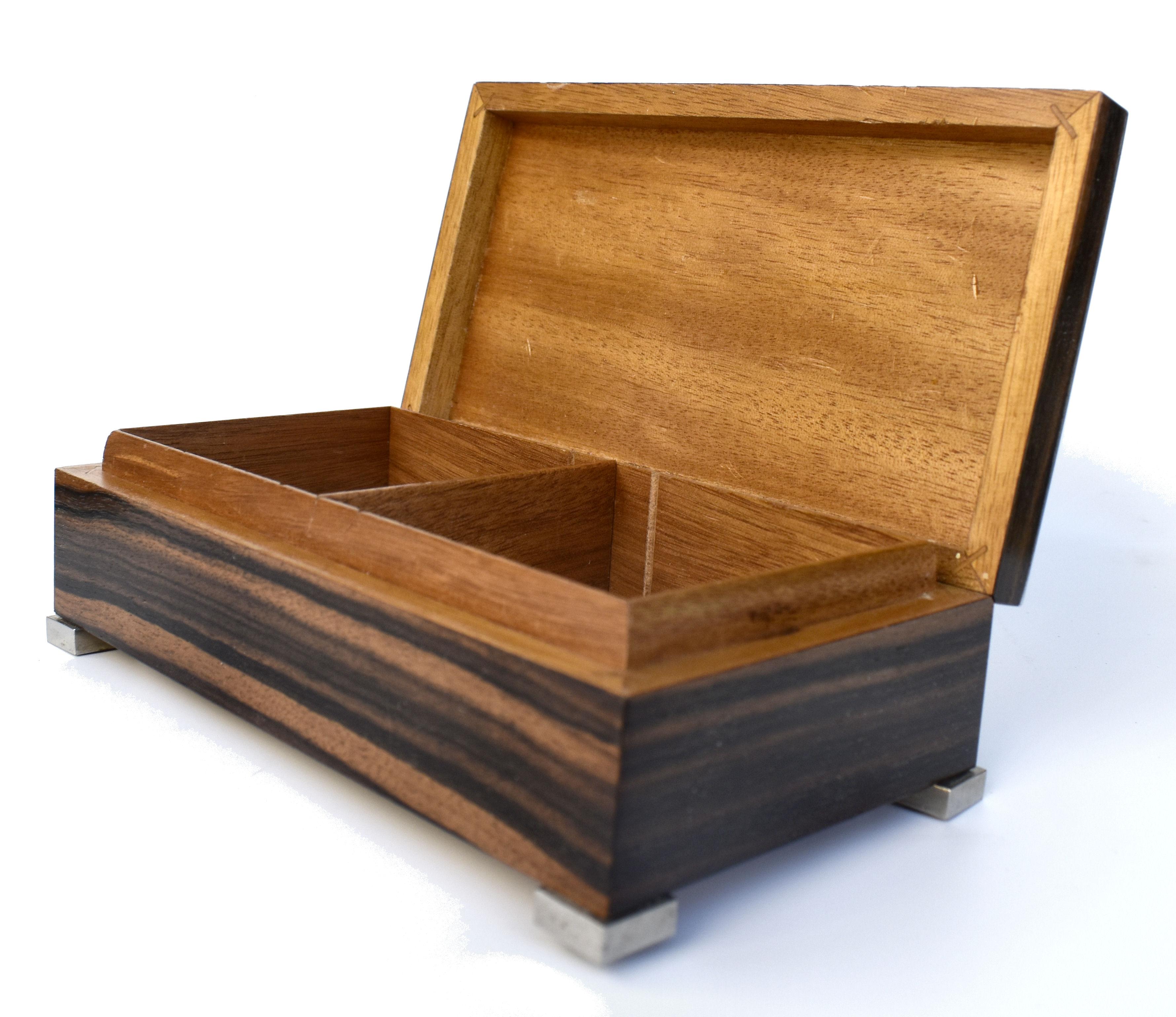 Art Deco Austrian Chrome & Macassar Ebony Veneer Trinket Cigarette Box, c1930 In Good Condition In Devon, England
