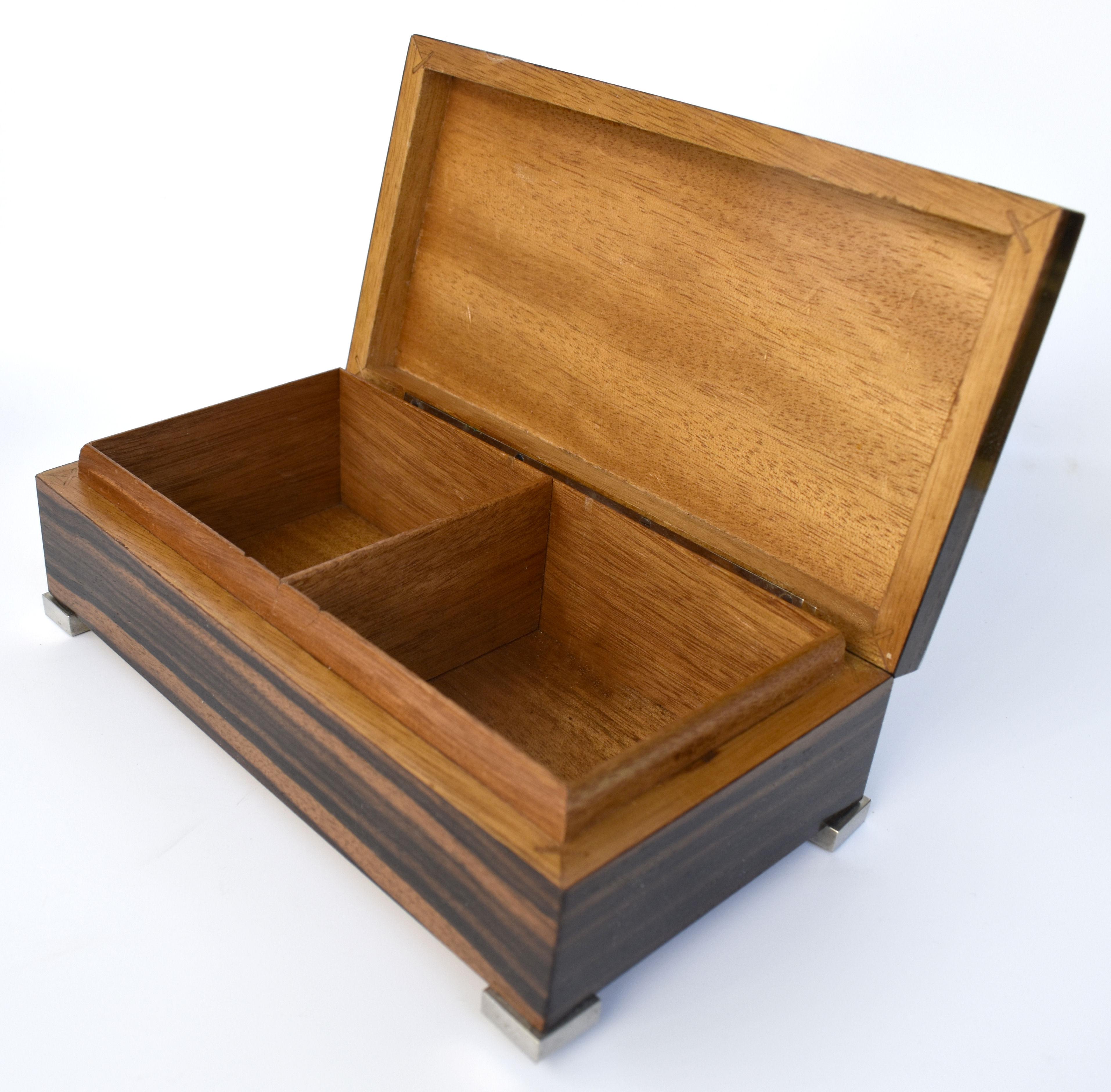 20th Century Art Deco Austrian Chrome & Macassar Ebony Veneer Trinket Cigarette Box, c1930