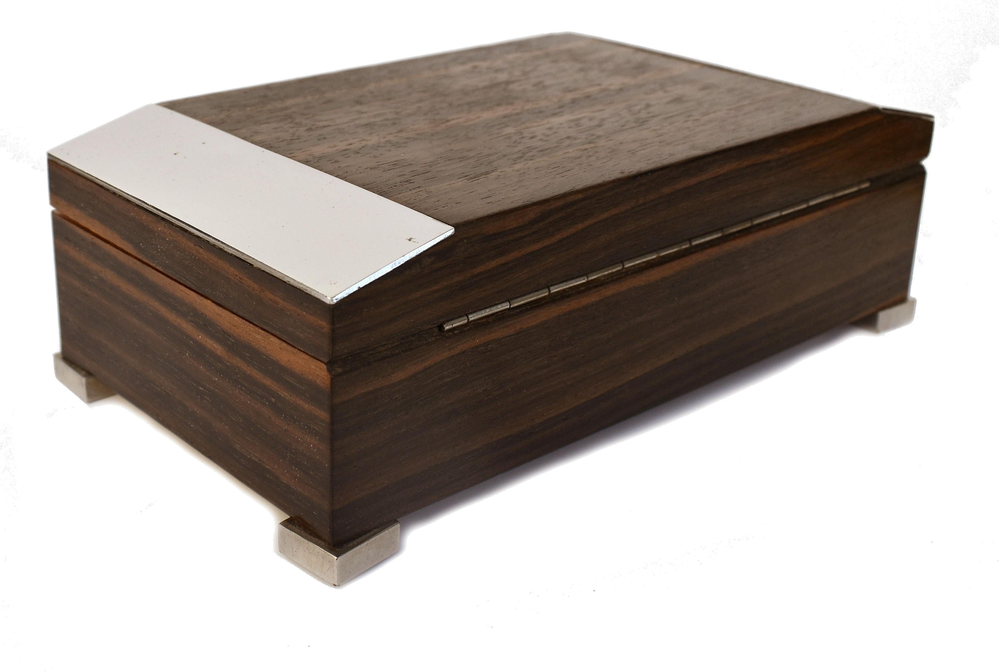 Art Deco Austrian Chrome & Macassar Ebony Veneer Trinket Cigarette Box, c1930 2