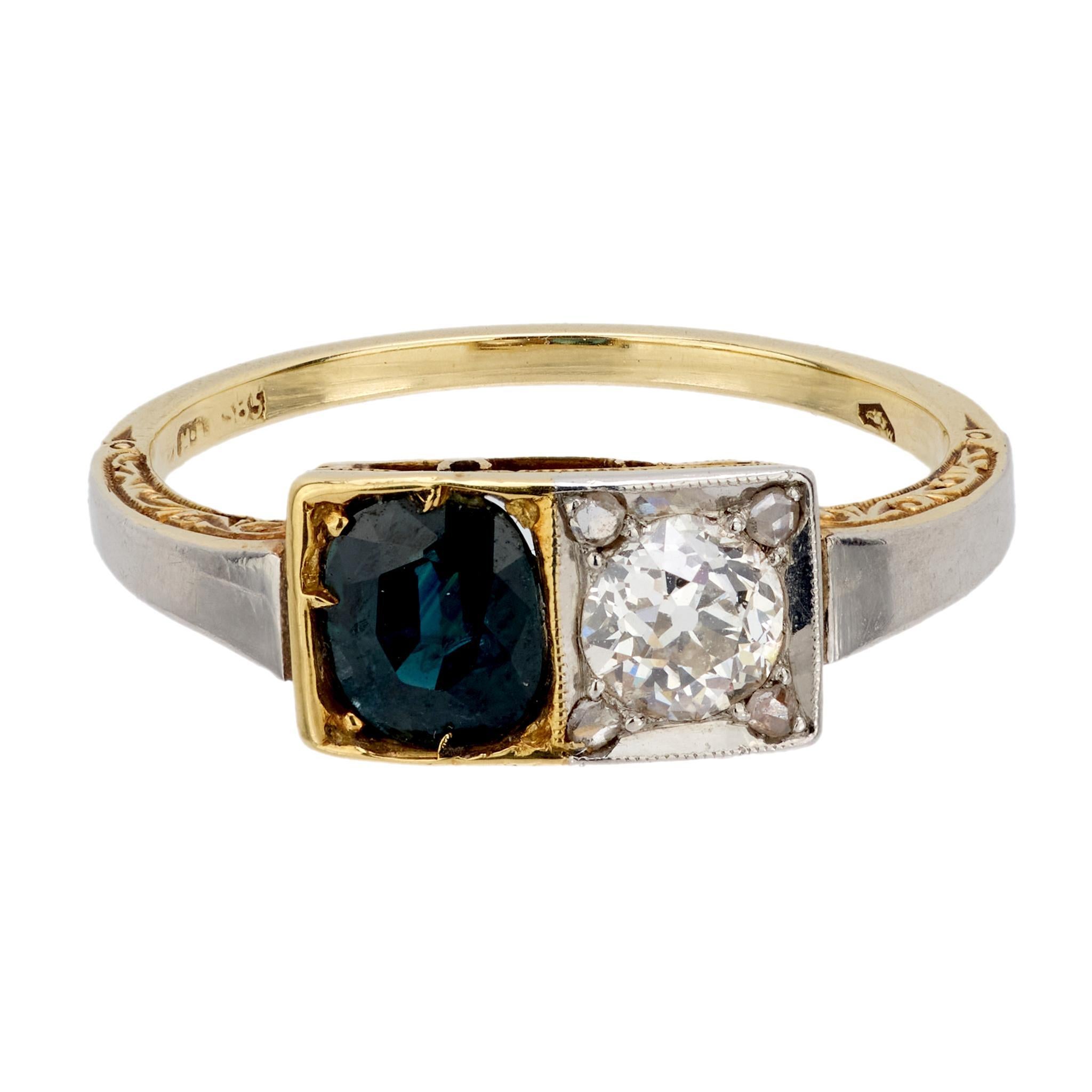 Taille vieille mine Bague Art déco autrichienne Toi Et Moi en or jaune 14 carats avec diamants et saphirs en vente