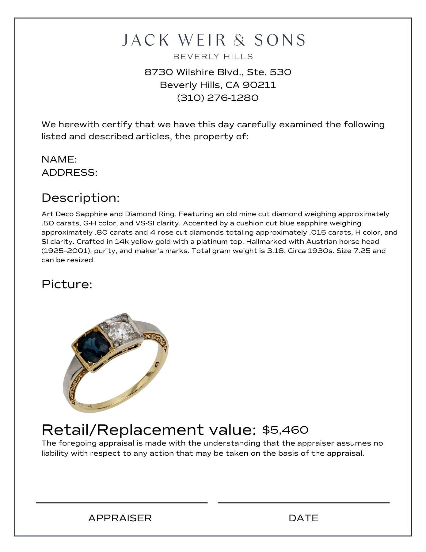 Bague Art déco autrichienne Toi Et Moi en or jaune 14 carats avec diamants et saphirs Pour femmes en vente