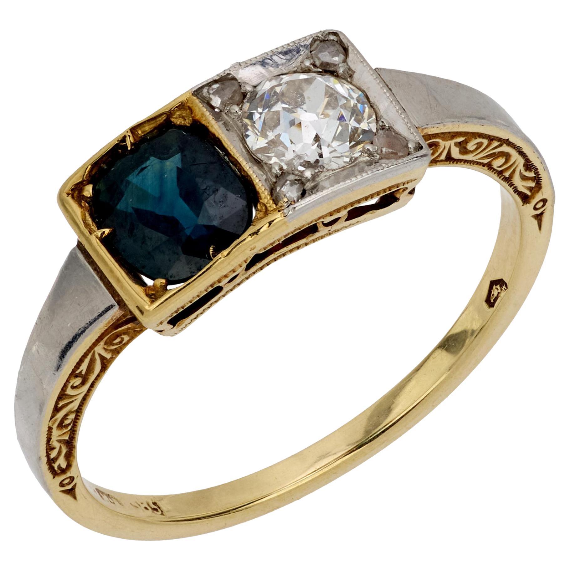 Anillo Art Decó austriaco de oro amarillo Toi Et Moi de 14k con diamante y zafiro