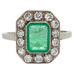 Art Deco Austrian Emerald Diamond 14 Karat White Gold Ring