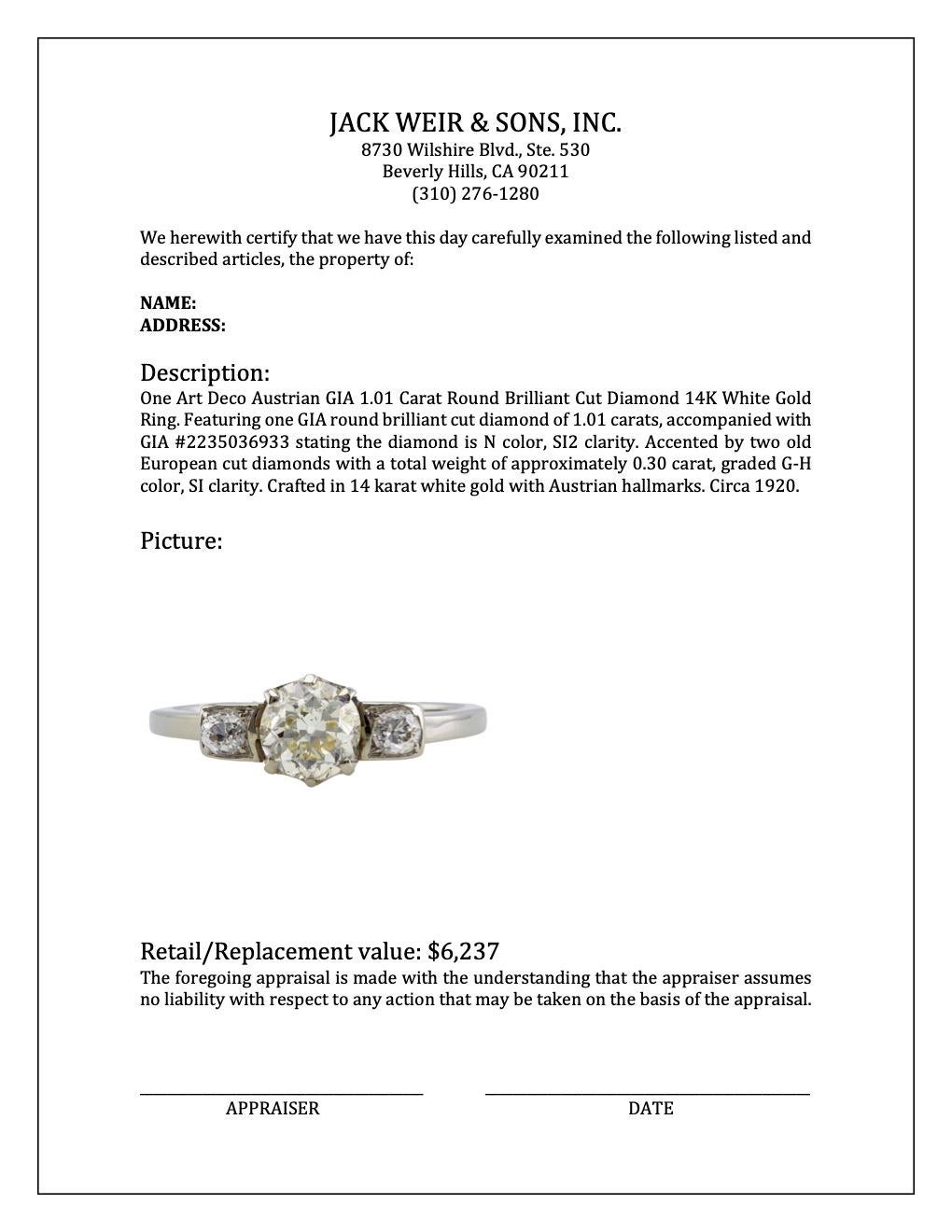 Art Deco Austrian GIA 1.01 Carat Round Brilliant Cut Diamond 14K White Gold Ring For Sale 3
