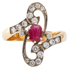 Art Deco Austrian Ruby and Diamond 14k Rose Gold Silver Ring