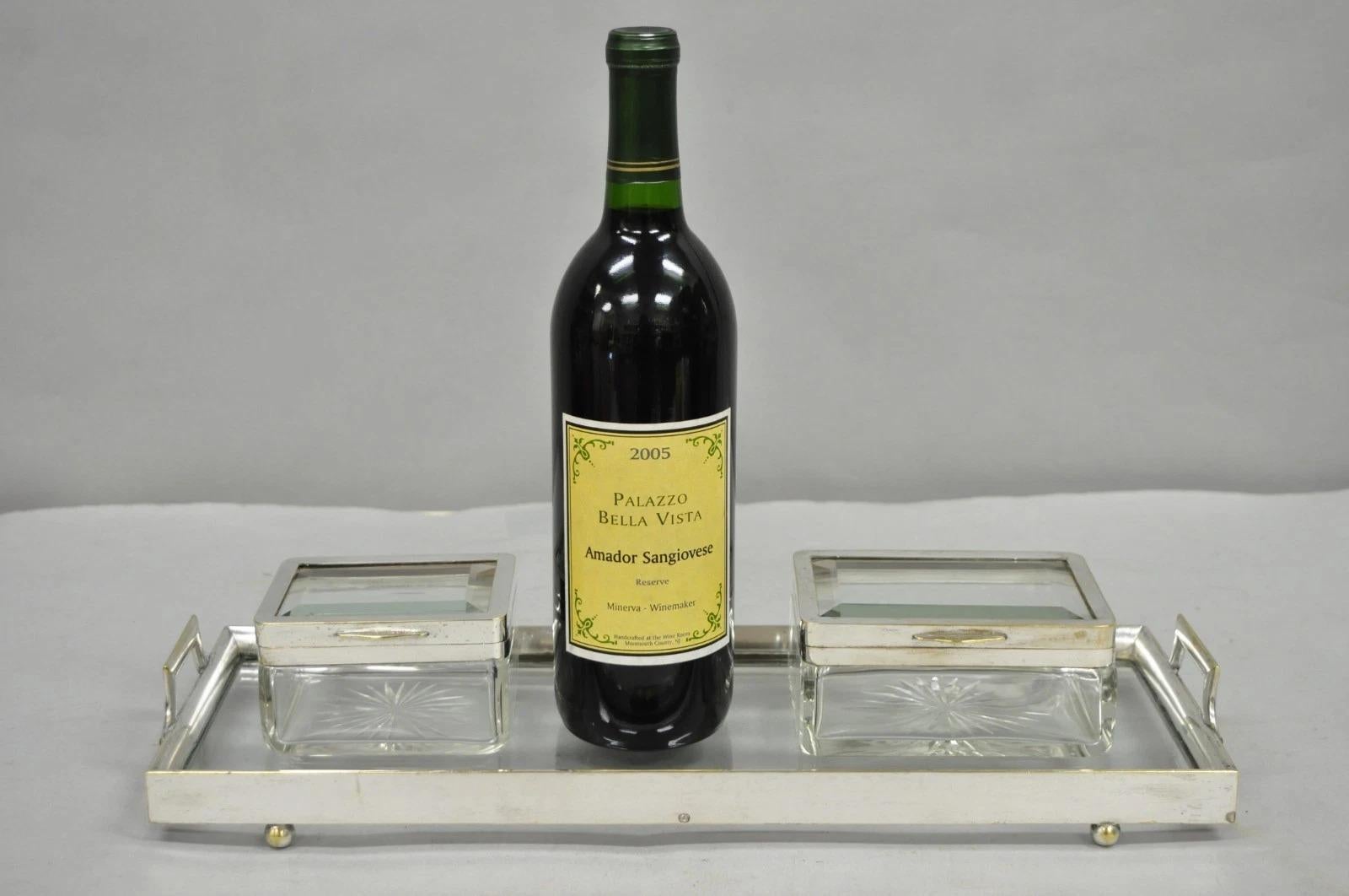 Art Deco Austrian Silver Plated Cut Glass Casket Trinket Box Set w/ Tray - 3 Pcs For Sale 8
