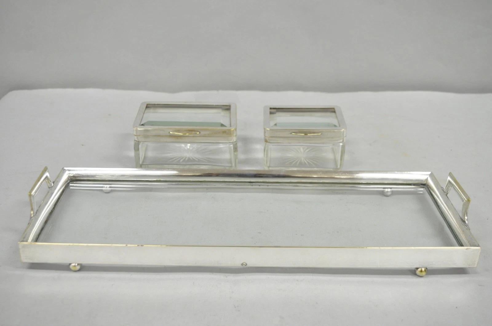 Unknown Art Deco Austrian Silver Plated Cut Glass Casket Trinket Box Set w/ Tray - 3 Pcs For Sale