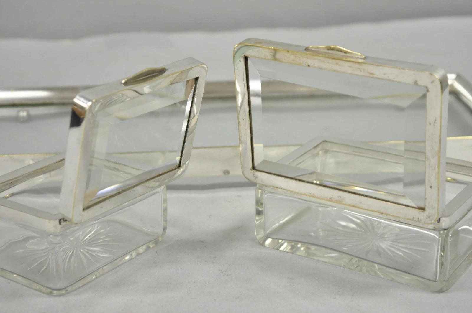 Art Deco Austrian Silver Plated Cut Glass Casket Trinket Box Set w/ Tray - 3 Pcs In Good Condition For Sale In Philadelphia, PA