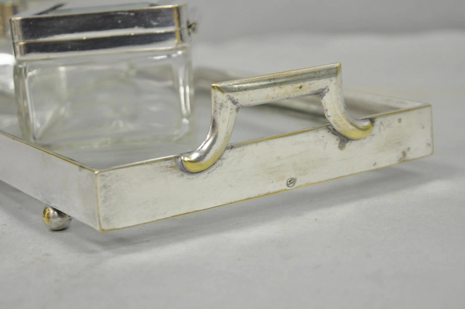 Art Deco Austrian Silver Plated Cut Glass Casket Trinket Box Set w/ Tray - 3 Pcs For Sale 1