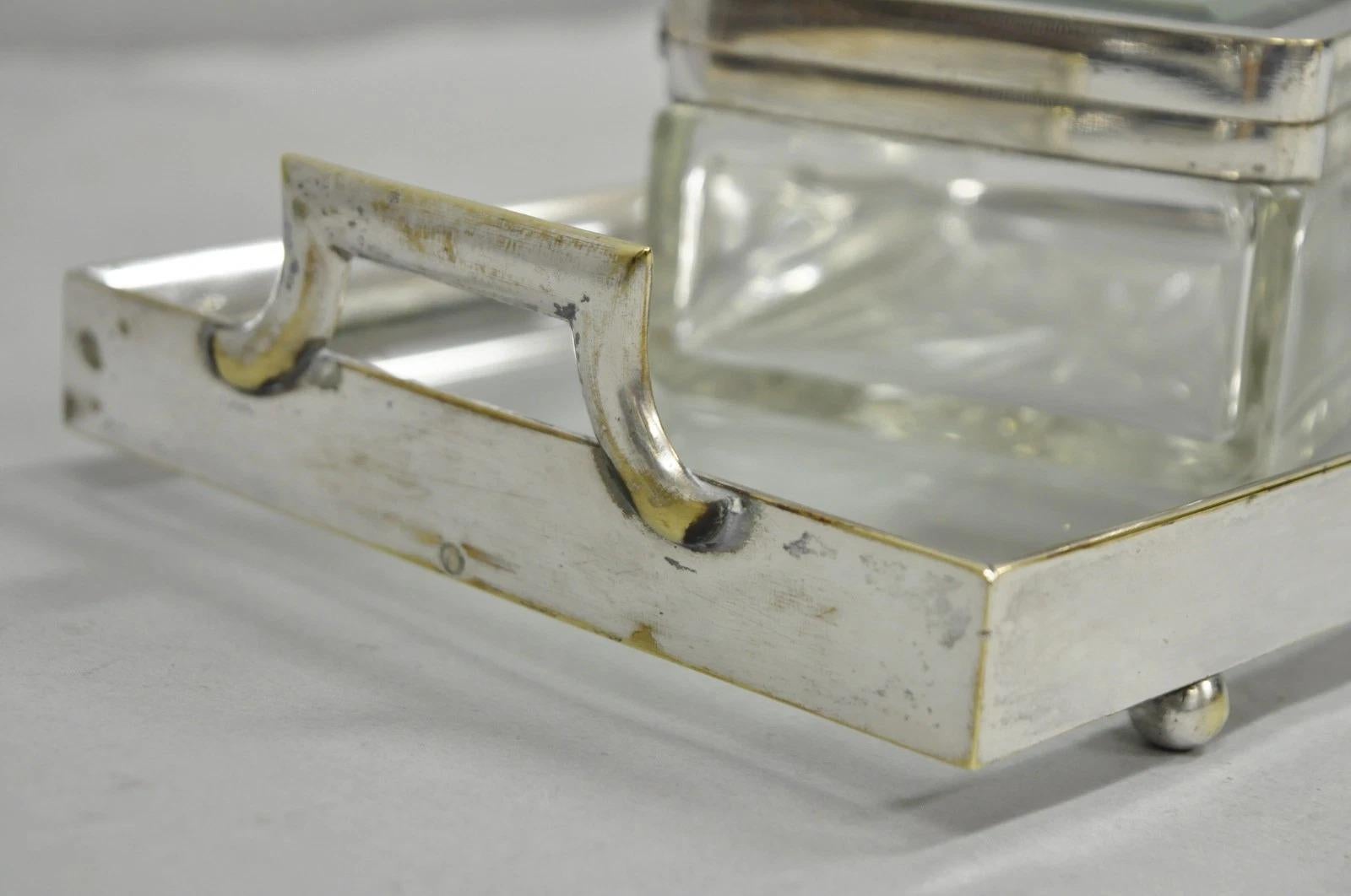 Art Deco Austrian Silver Plated Cut Glass Casket Trinket Box Set w/ Tray - 3 Pcs For Sale 2
