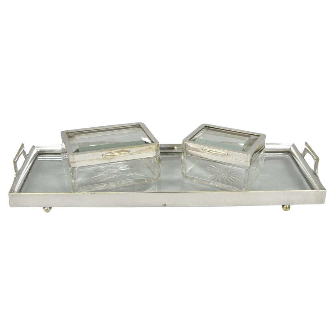 Art Deco Austrian Silver Plated Cut Glass Casket Trinket Box Set w/ Tray - 3 Pcs For Sale