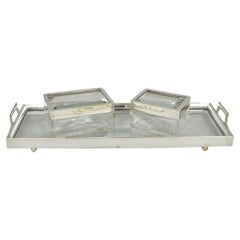 Art Deco Austrian Silver Plated Cut Glass Casket Trinket Box Set w/ Tray - 3 Pcs