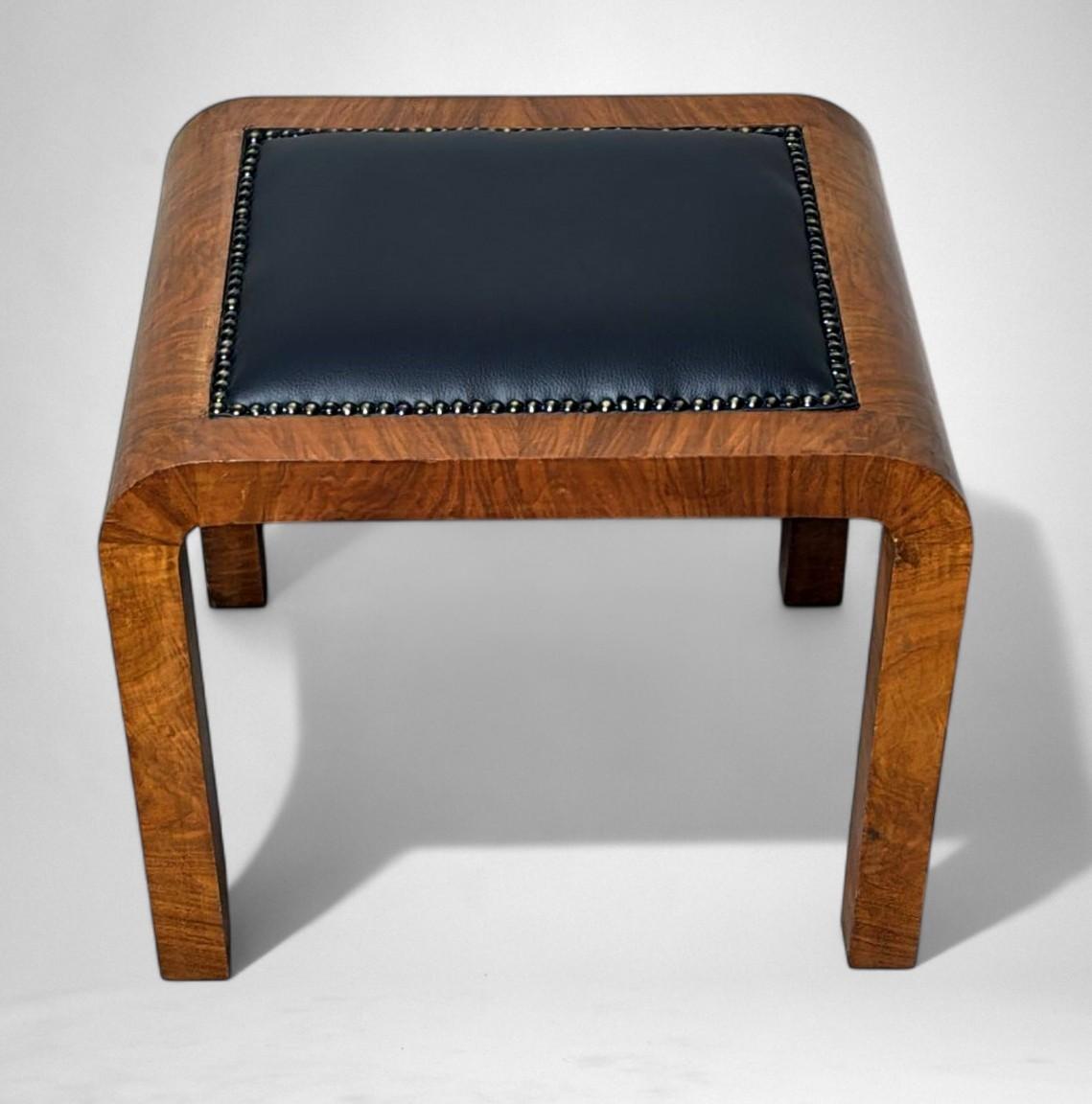 Faux Leather Art Deco Austrian Walnut Burl Stool For Sale