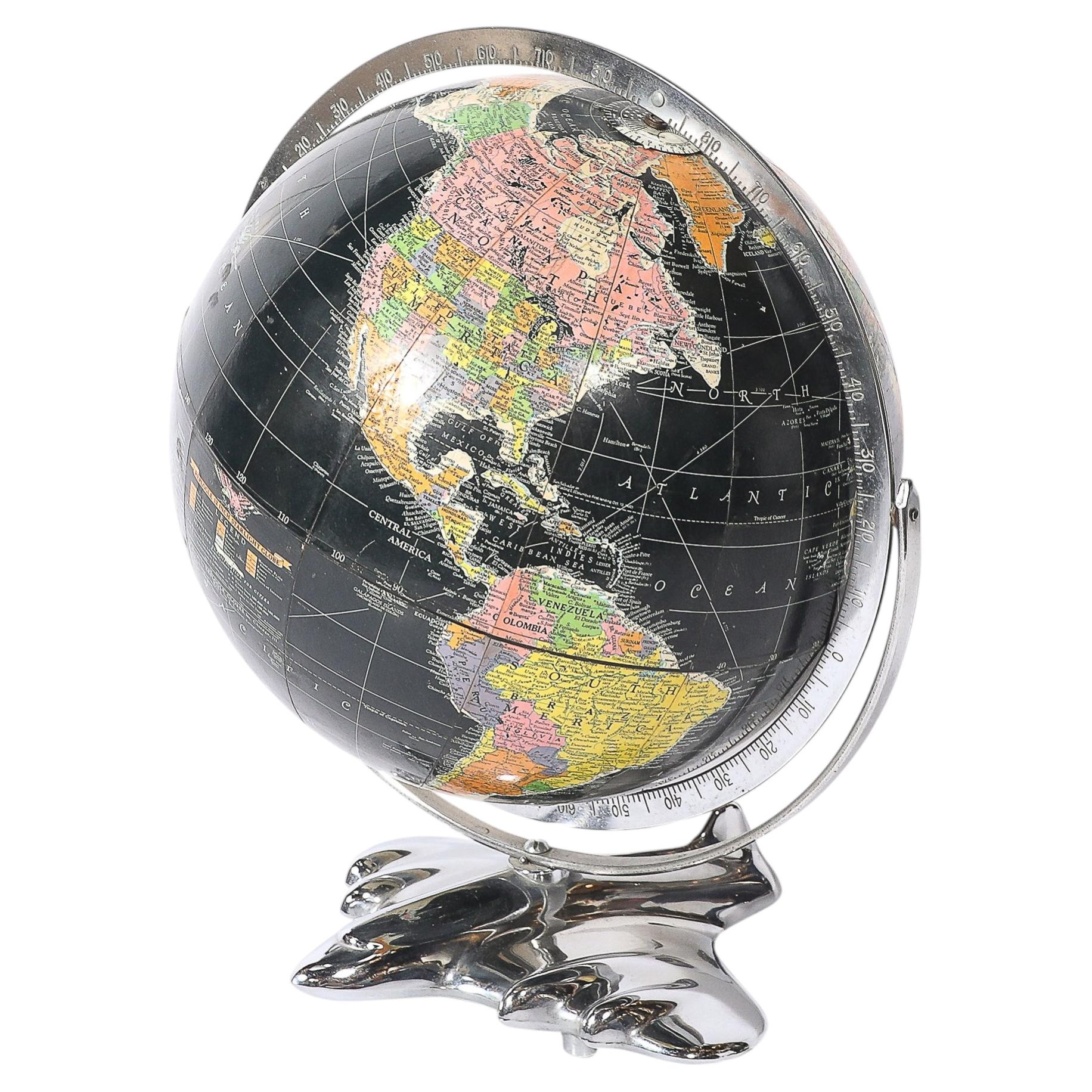 Art Deco Aviation Globe on Sculptural Airplane Base in Chrome For Sale