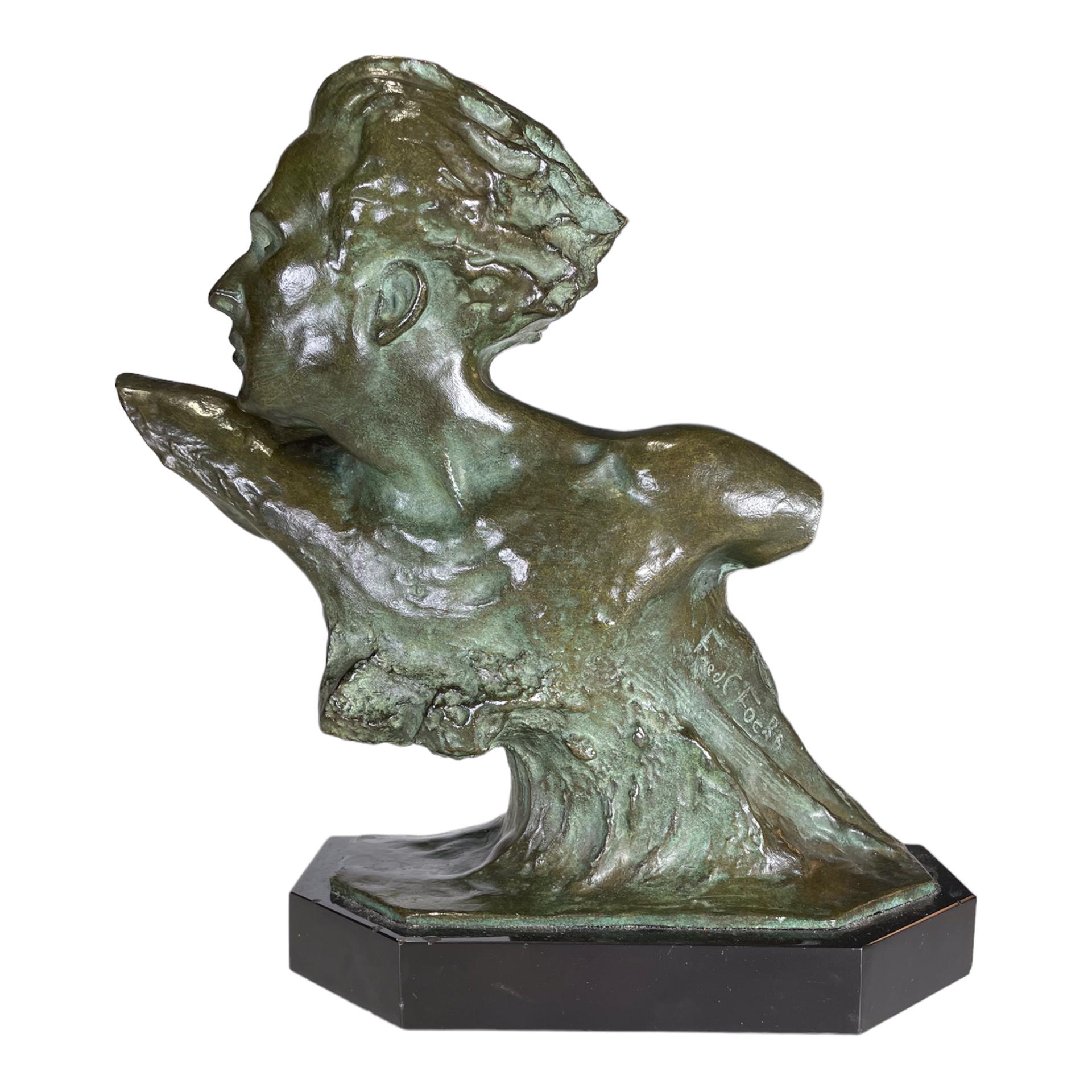 Bronze bust of aviator Jean Mermoz, by Frederic C Focht (1879-1936). Signed on cast Fred C Focht. 
Focht studied under the renowned sculptor Falguiere,
In 1900, at the age of 21, he won the Medal of Honor at the Salon des Artistes Francois.
The