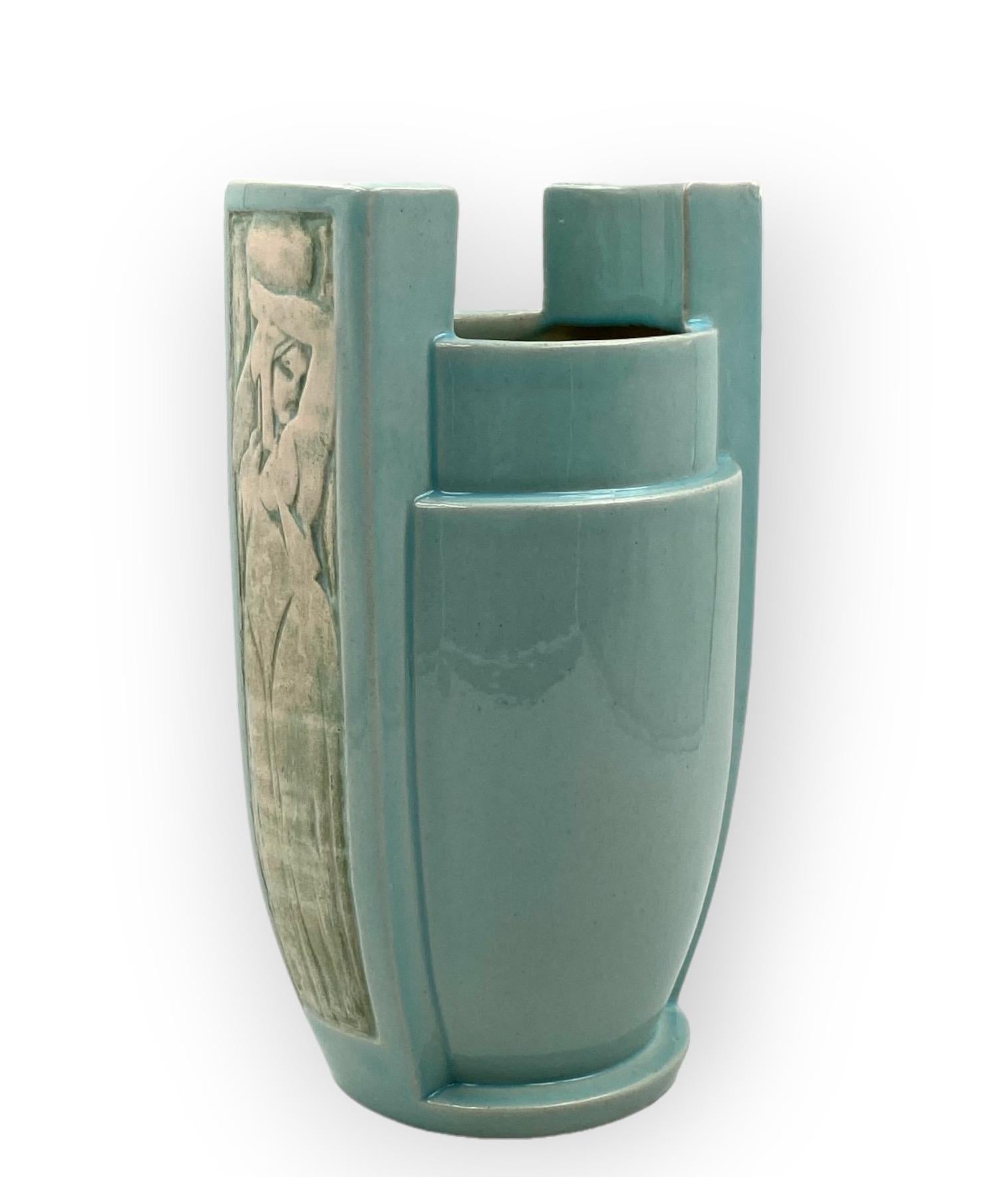 Art Deco azure ceramic Vase, France 1940s 10