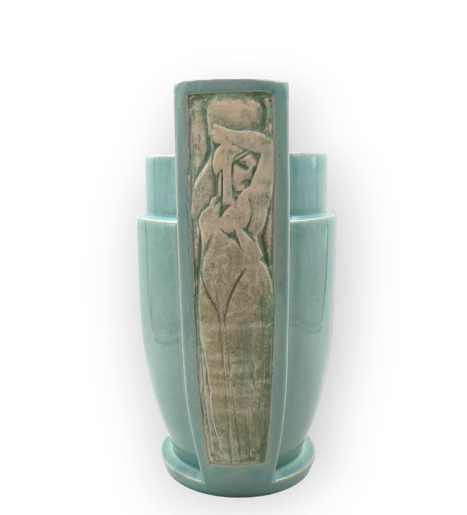 Art Deco azure ceramic Vase, France 1940s 11