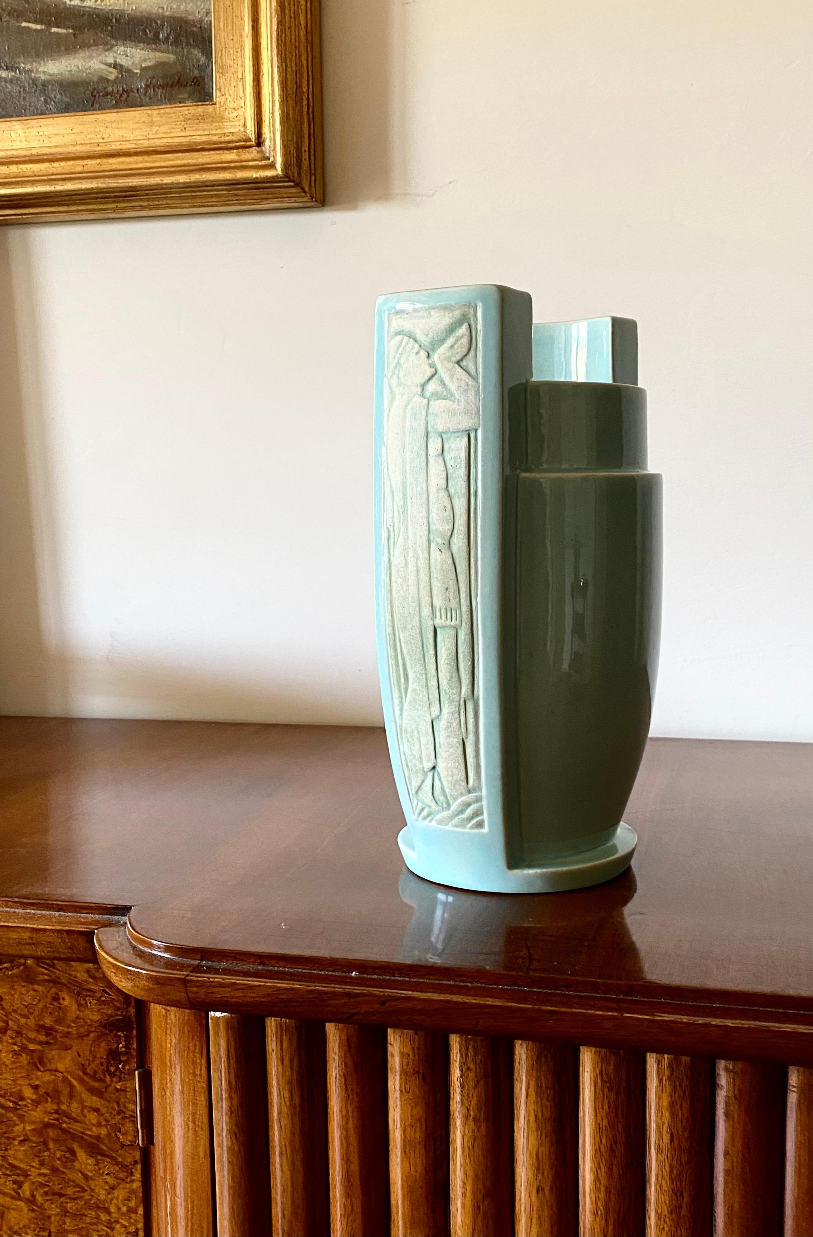 French Art Deco azure ceramic Vase, France 1940s