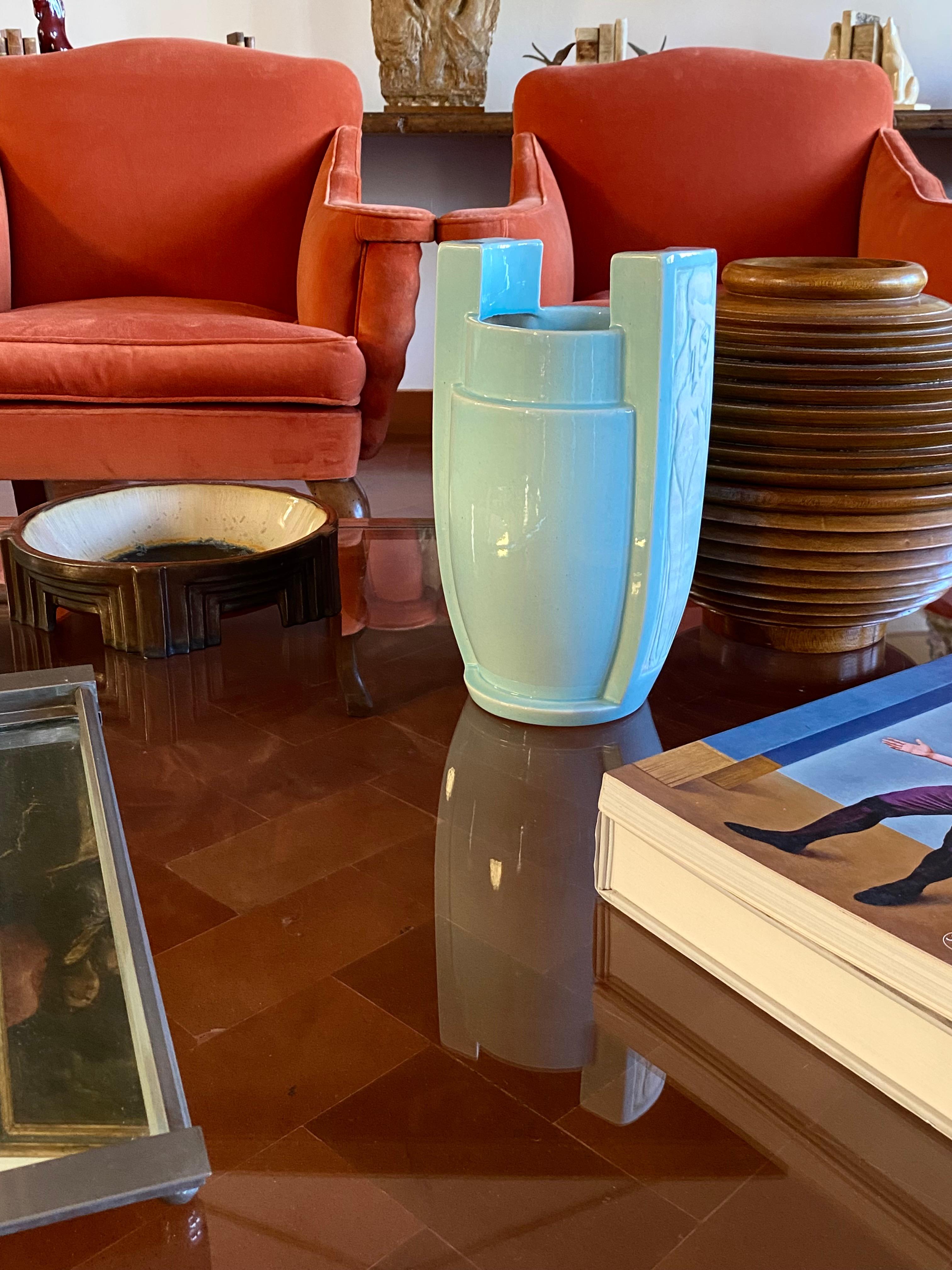 Art Deco azure ceramic Vase, France 1940s In Good Condition In Firenze, IT