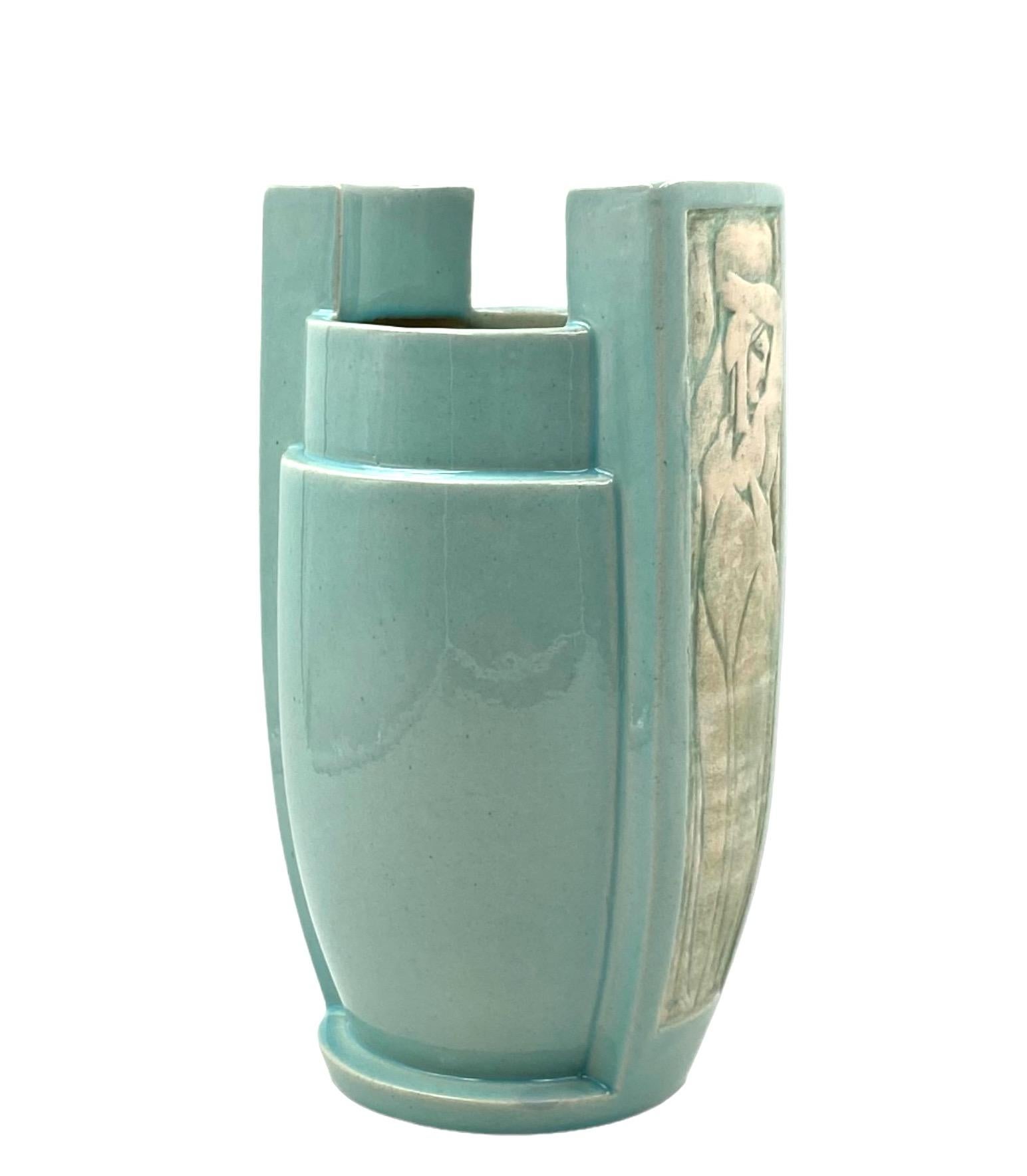 Art Deco azure ceramic Vase, France 1940s 1