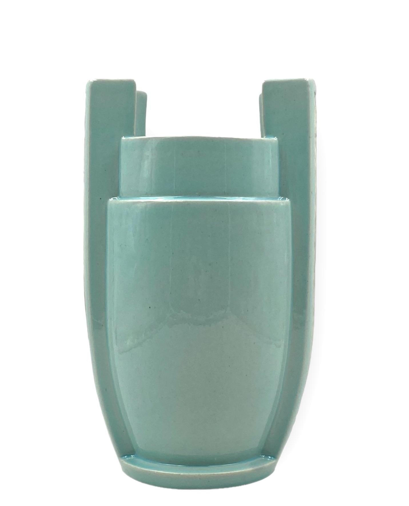 Art Deco azure ceramic Vase, France 1940s 2