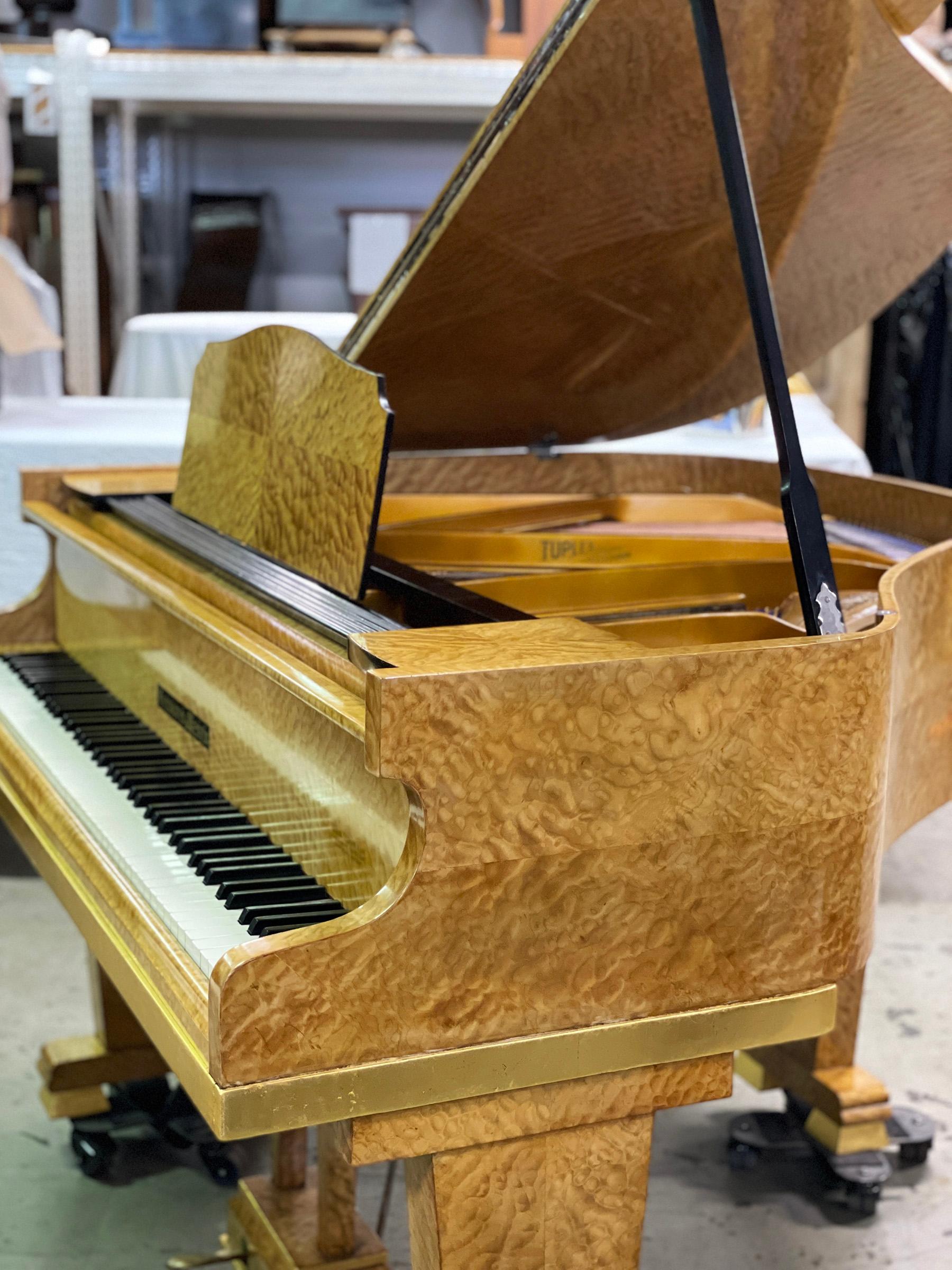 Copper Art Deco Baby Grand Piano 1920ties, Shell Maple Gold Bench Modernism Art Case For Sale