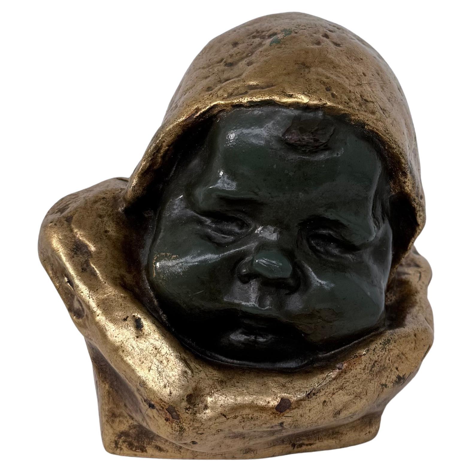 Art Deco Baby Head Sculpture with Nice Patina by C. Van Wijk