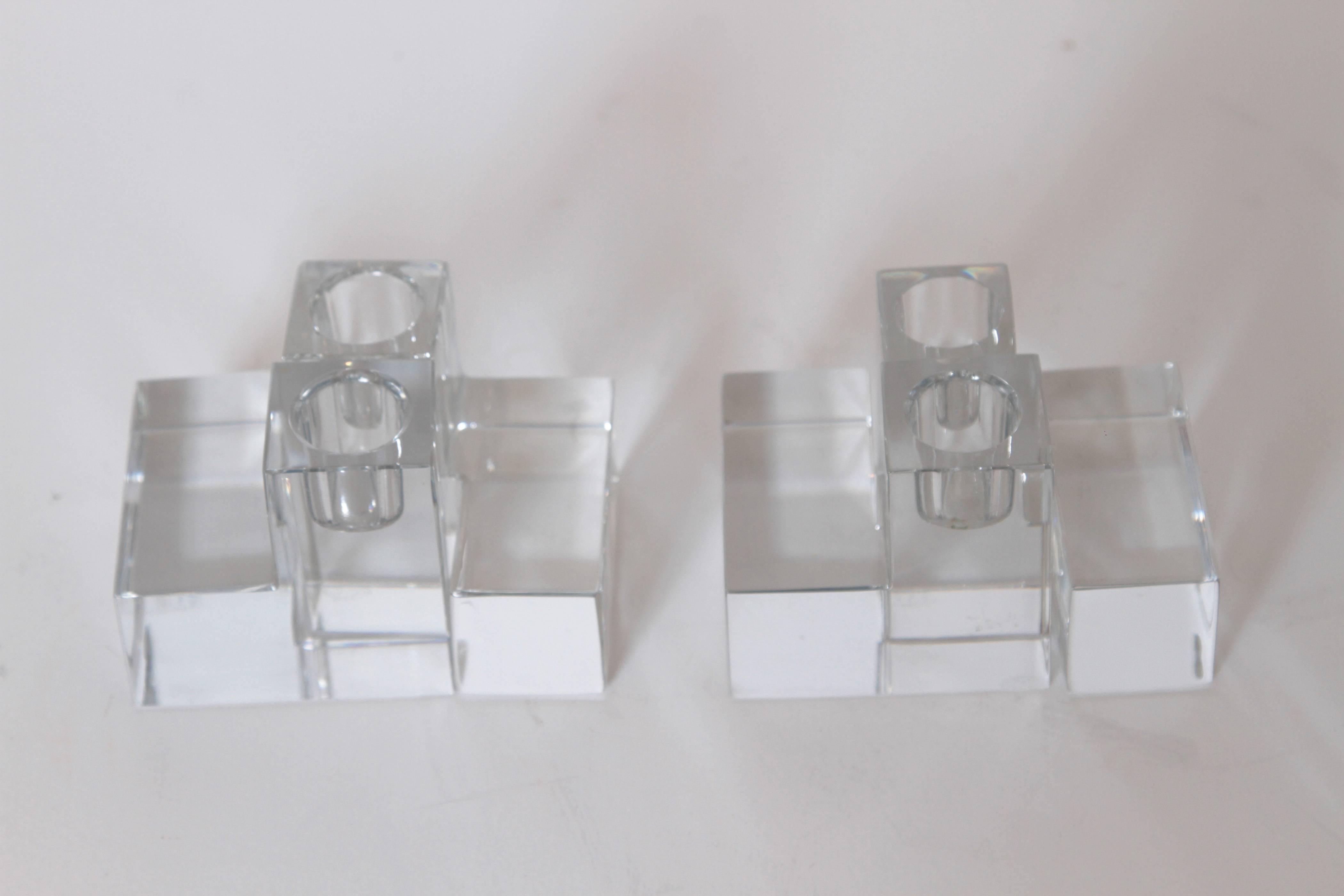 French Art Deco Baccarat Crystal Pristine Table Architecture Cubist Candlestick Holders For Sale