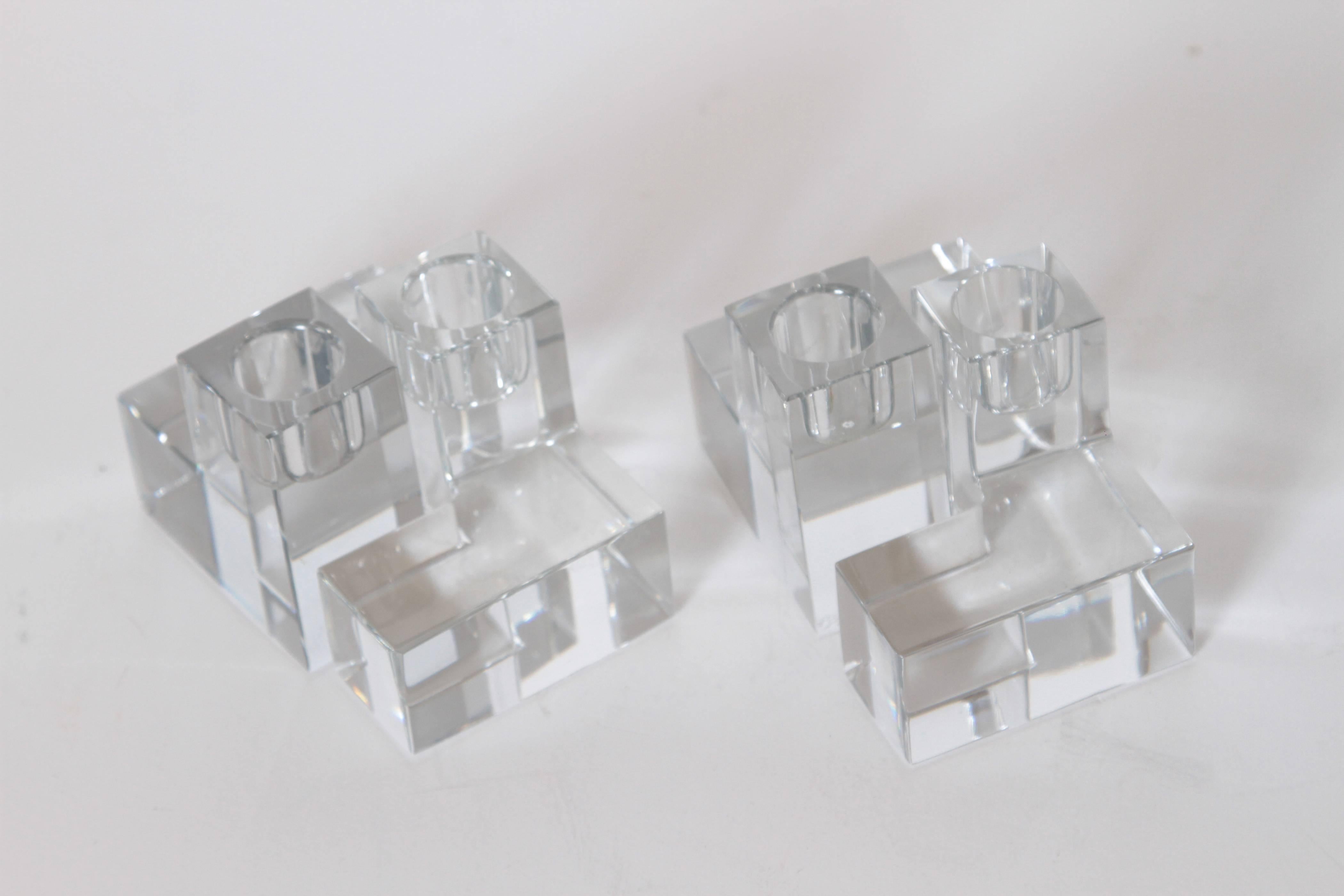 Polished Art Deco Baccarat Crystal Pristine Table Architecture Cubist Candlestick Holders For Sale