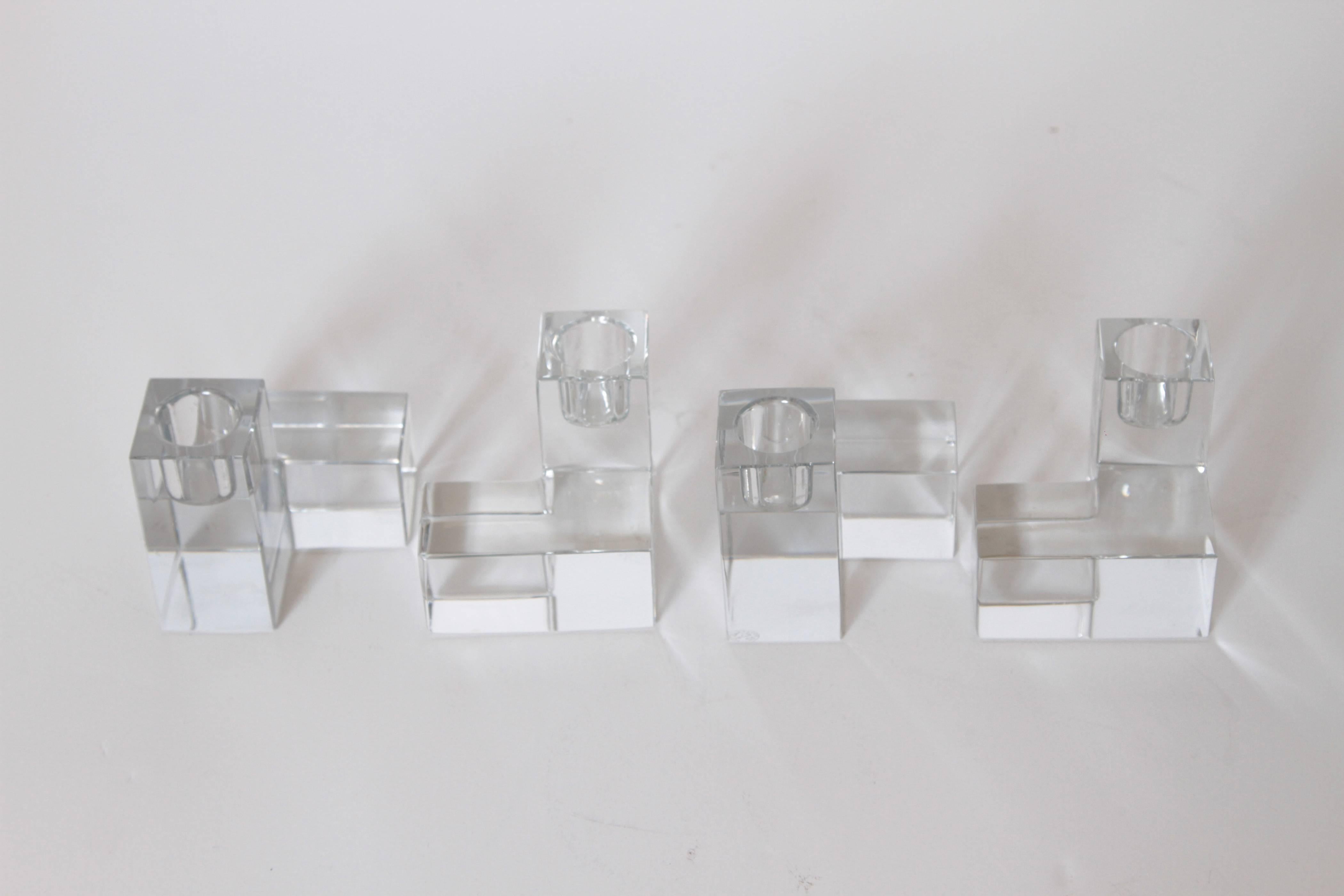 Art Deco Baccarat Crystal Pristine Table Architecture Cubist Candlestick Holders In Excellent Condition For Sale In Dallas, TX