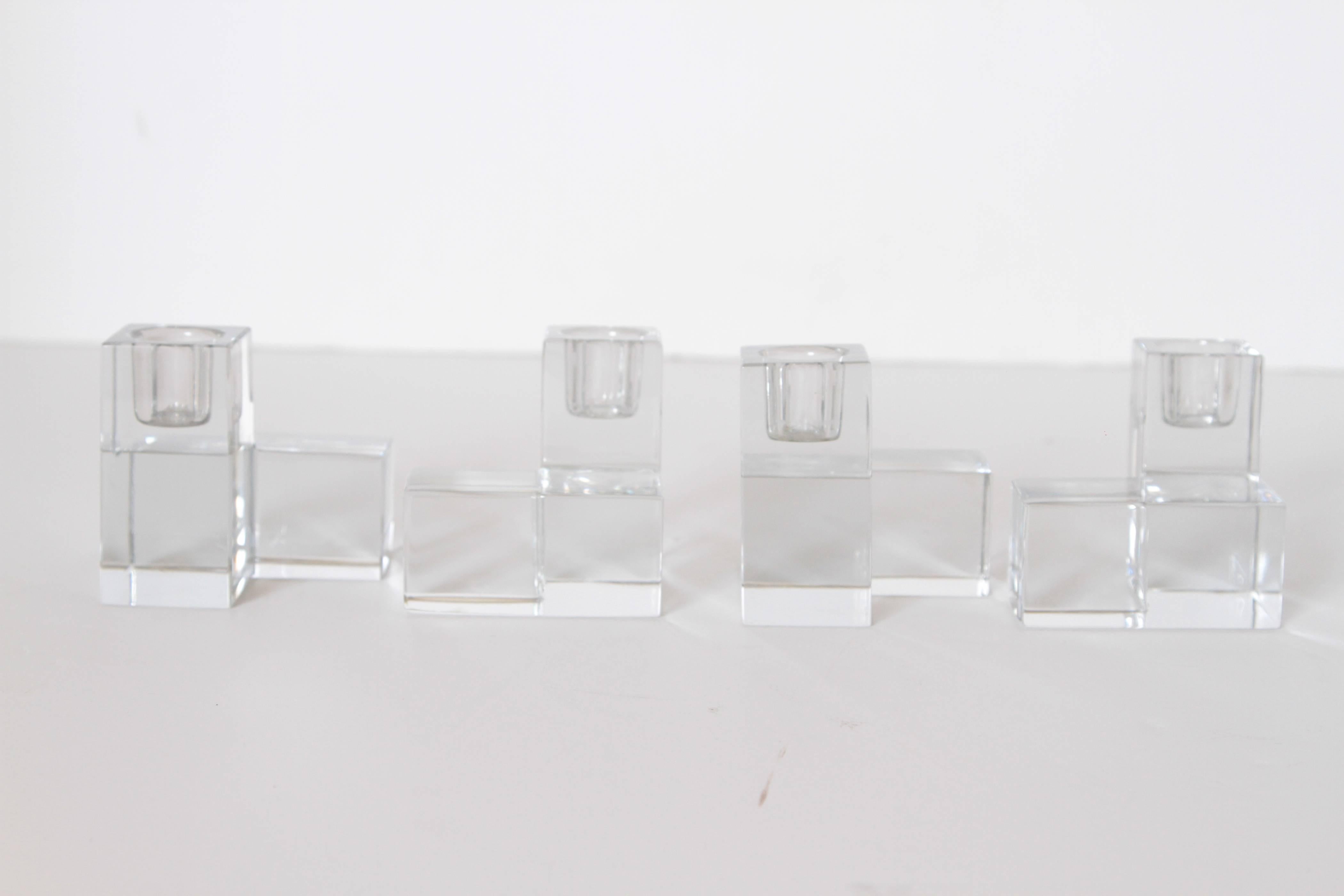 Art Deco Baccarat Crystal Pristine Table Architecture Cubist Candlestick Holders For Sale 2