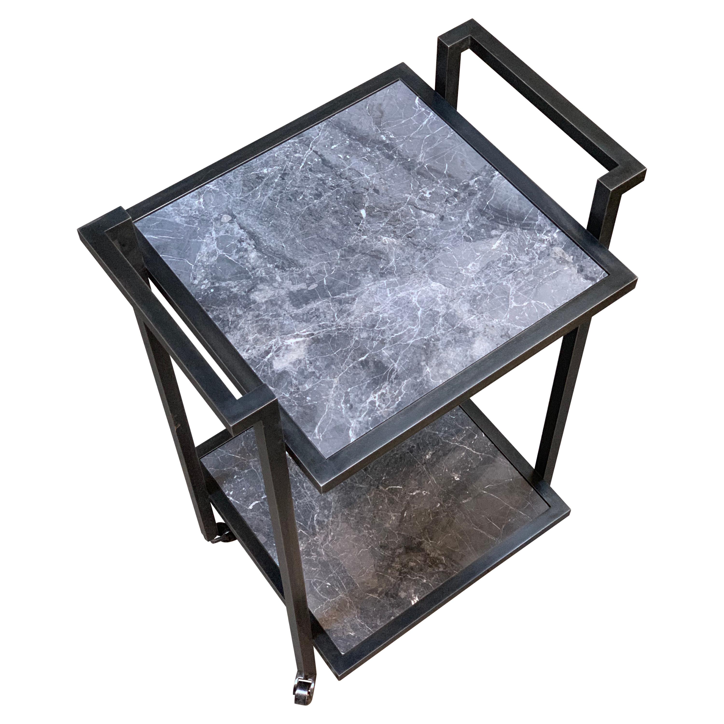 Art Deco Bacco Drinks Trolley in Blackened Steel and Nero Marble For Sale