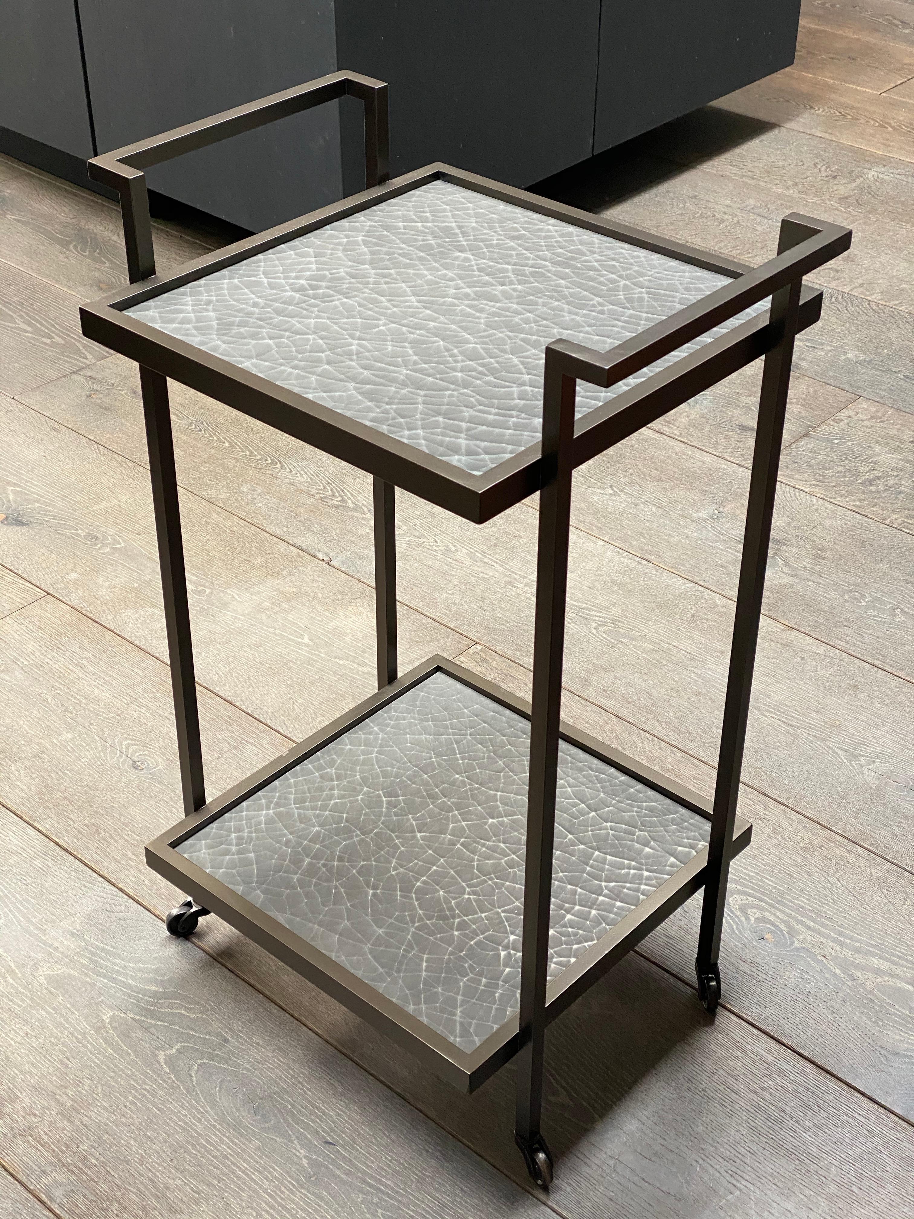 British Art Deco Bacco Drinks Trolley in Dark Bronze and Silver Cracked Gesso For Sale
