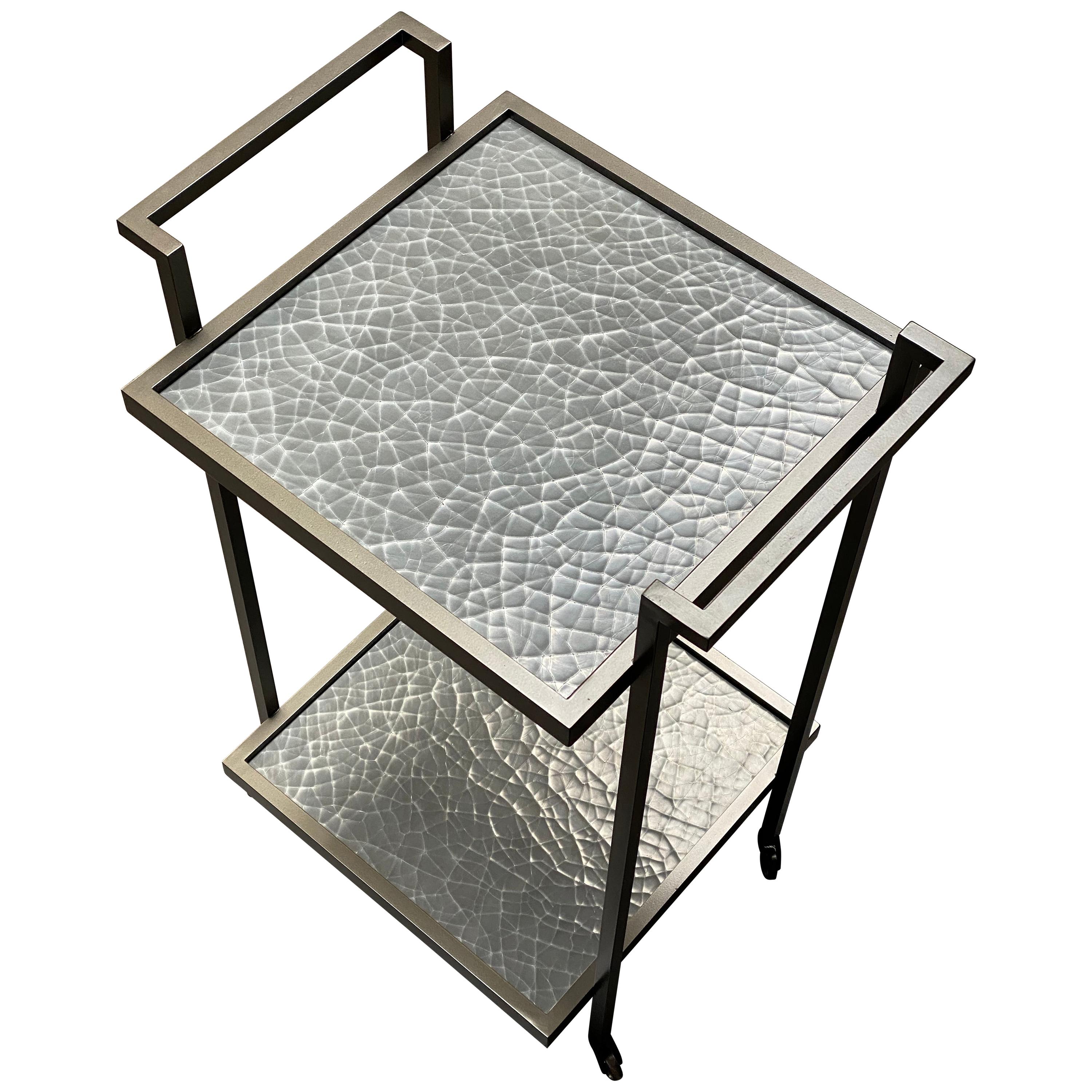 Art Deco Bacco Drinks Trolley in Dark Bronze and Silver Cracked Gesso