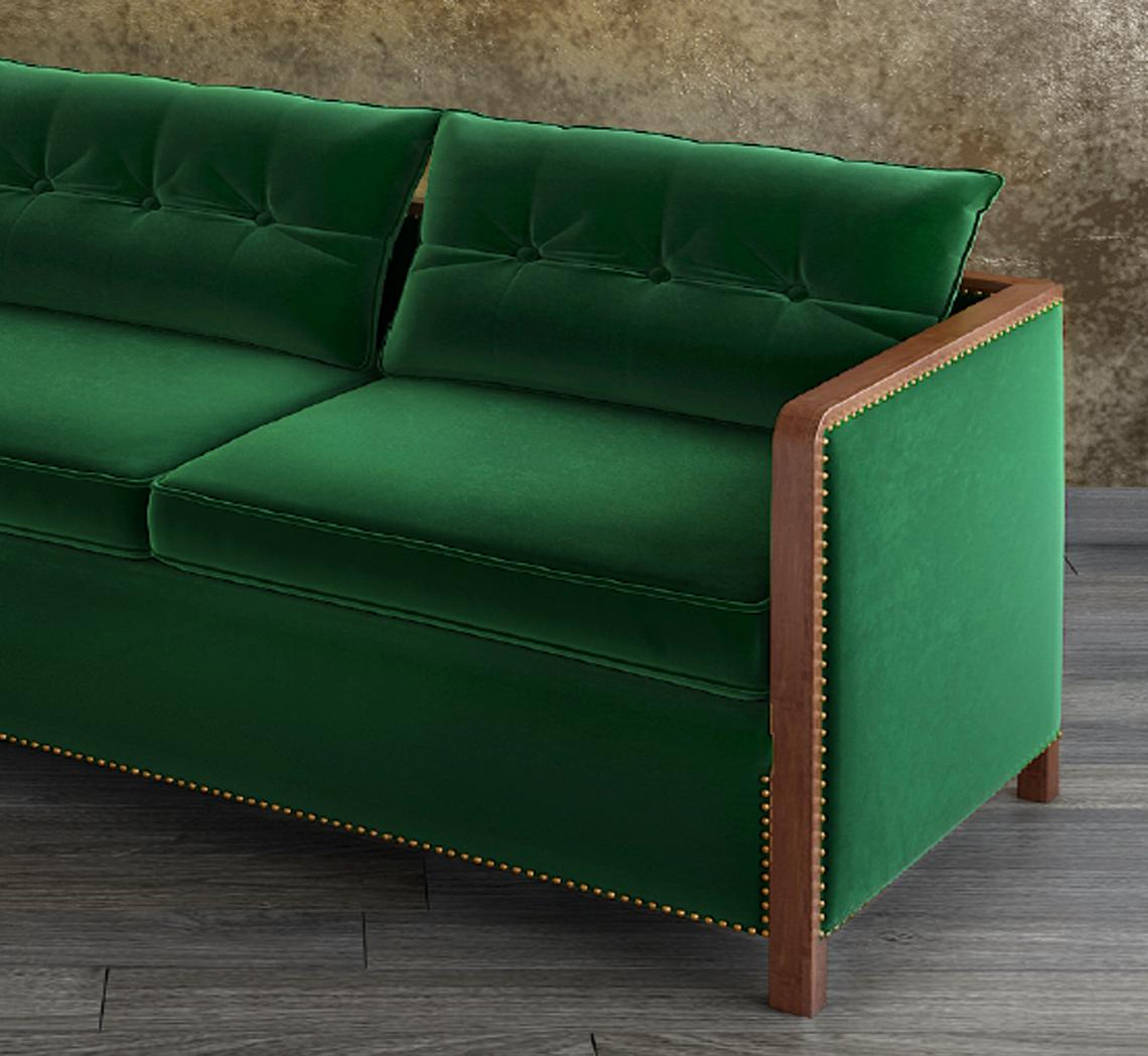 British Bacco Sofa in Walnut, Luxe Velvet and Brass Studs For Sale