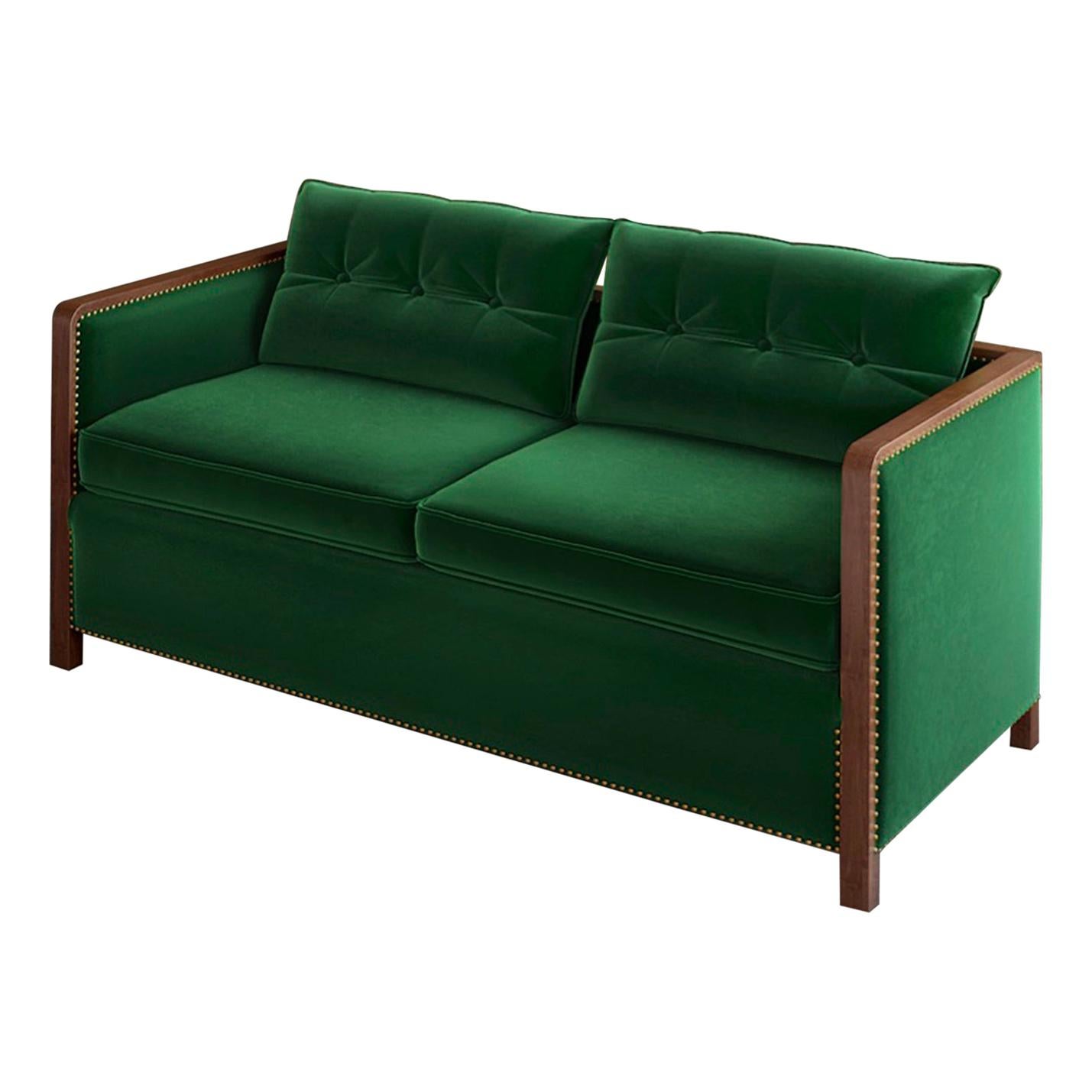 Bacco Sofa in Walnut, Luxe Velvet and Brass Studs For Sale