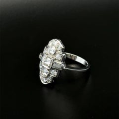 Art Deco Baguette and OEC Diamond Platinum Vintage Navette Ring