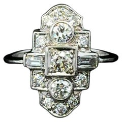 Art Deco Baguette and OEC Diamond Platinum Vintage Navette Ring