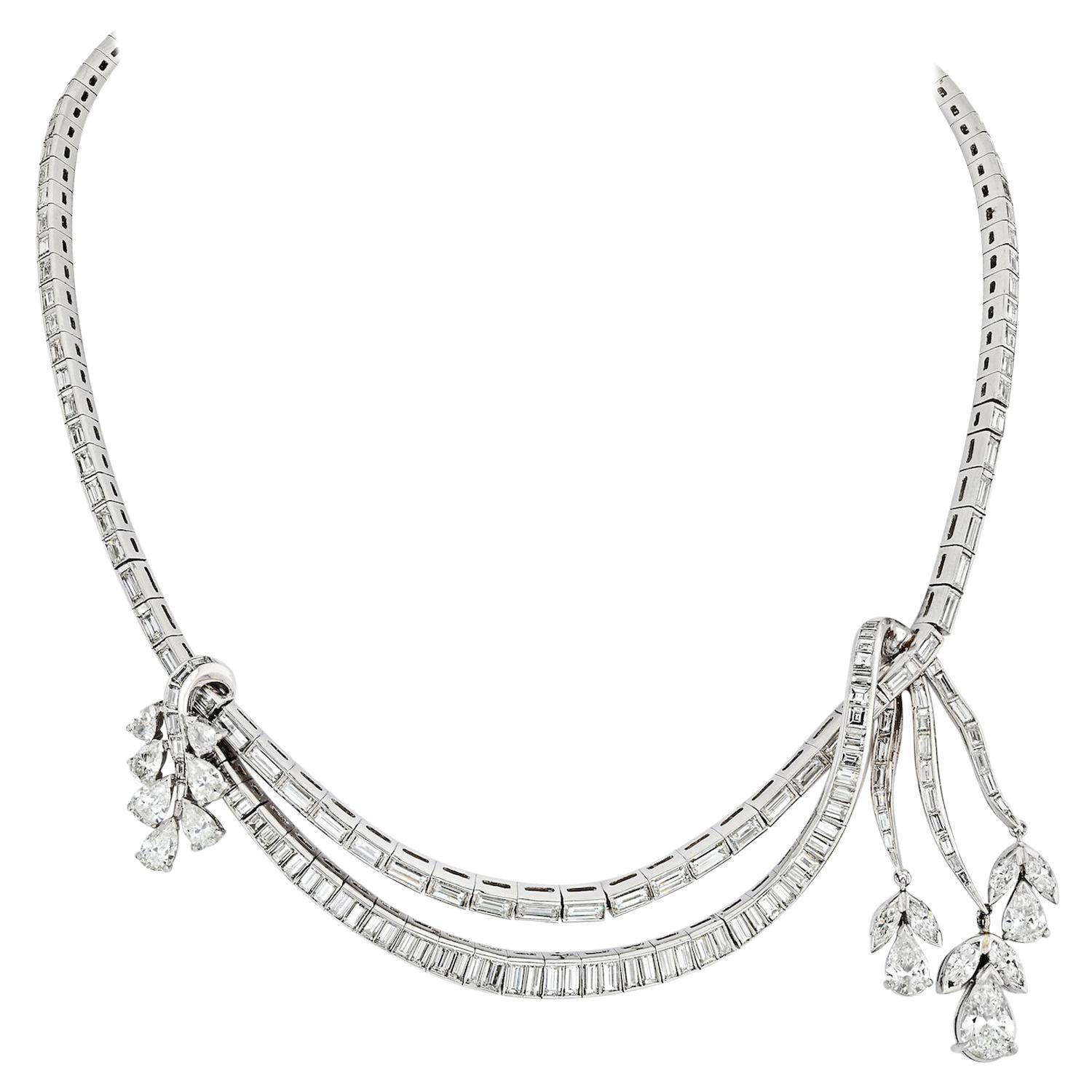 Art Deco Baguette and Pear Cut Diamond Collar Platinum Necklace