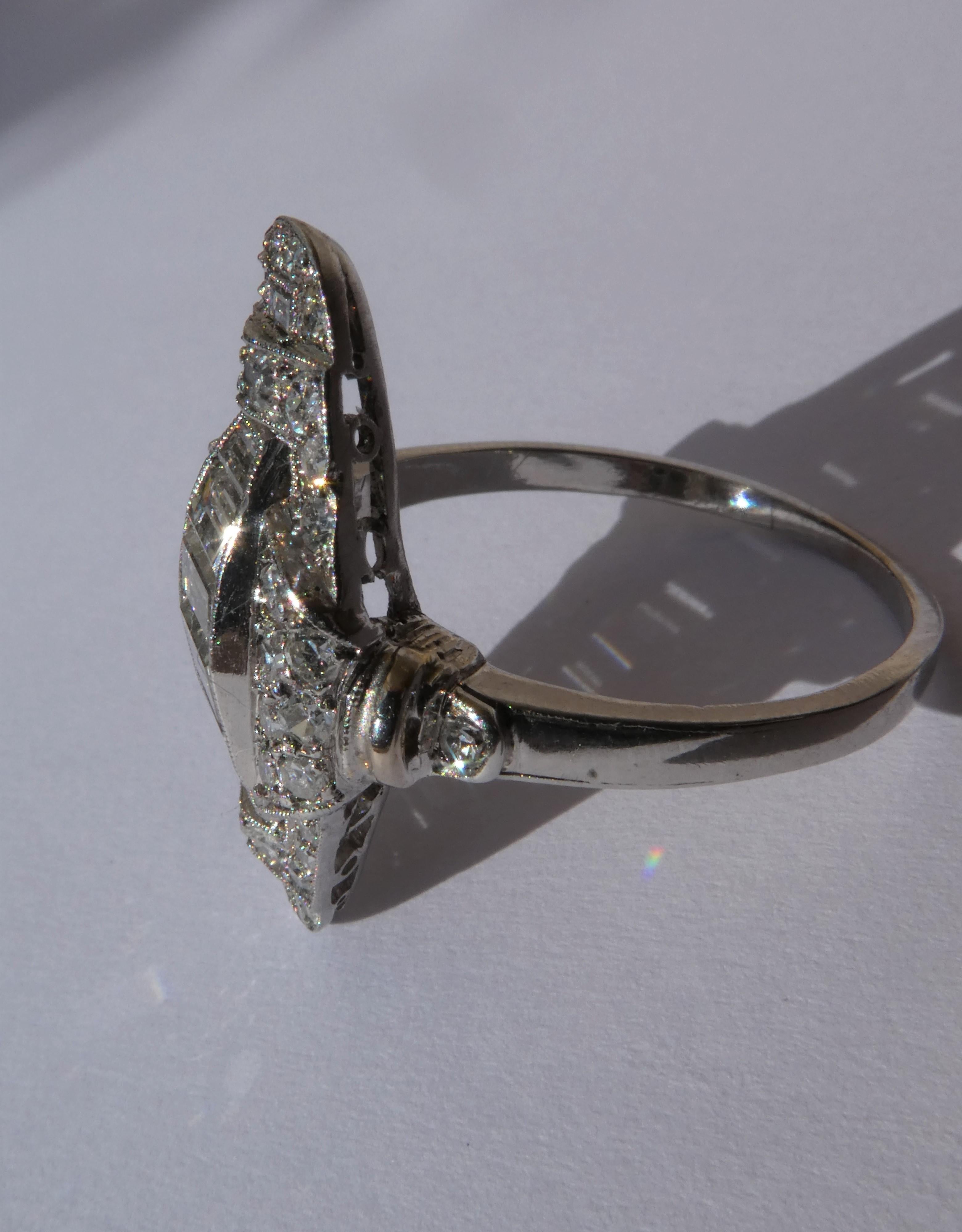 Baguette Cut Art Deco Baguette and Round Diamond Platinum Cluster Ring For Sale