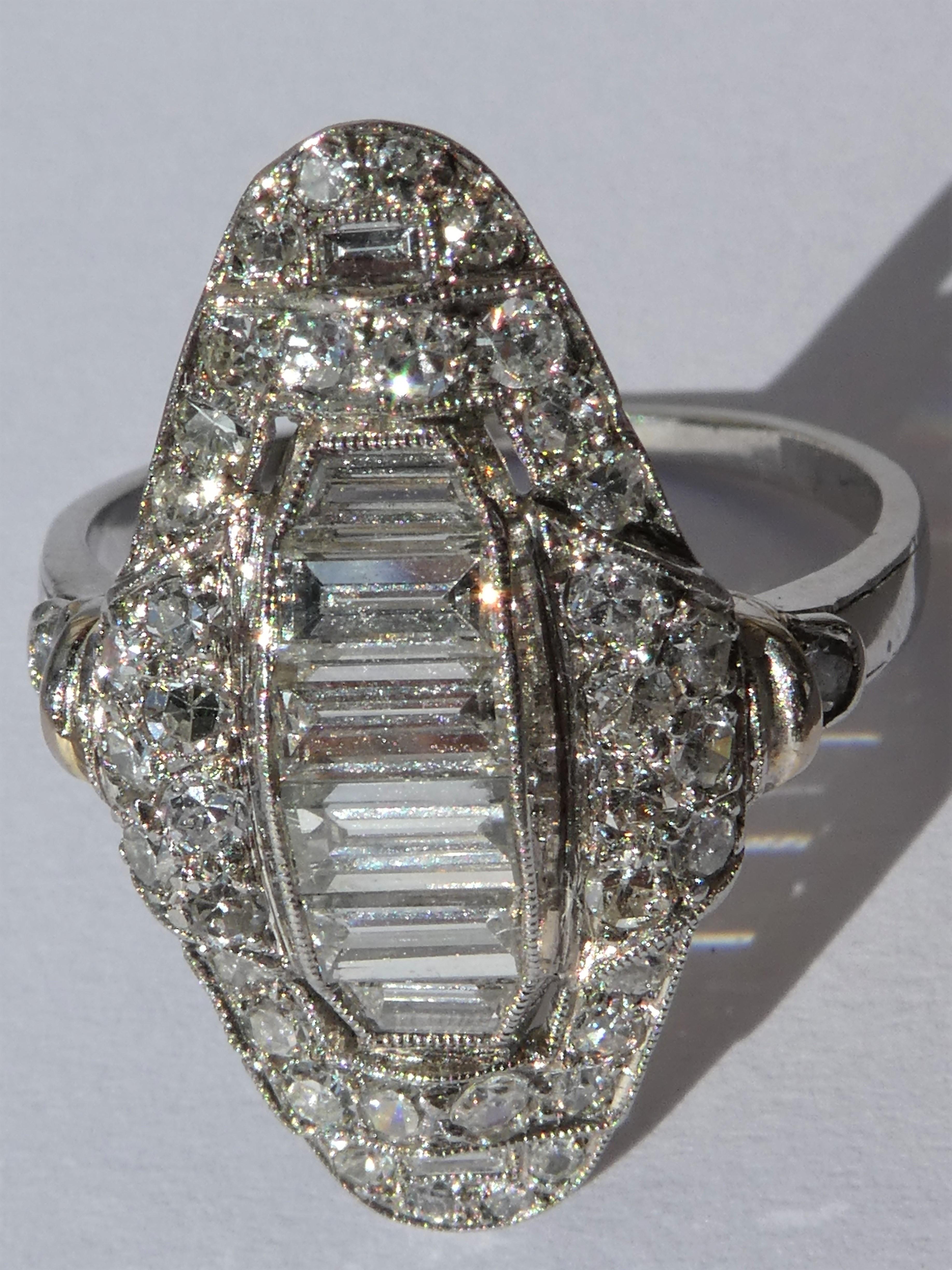 Art Deco Baguette and Round Diamond Platinum Cluster Ring For Sale 1